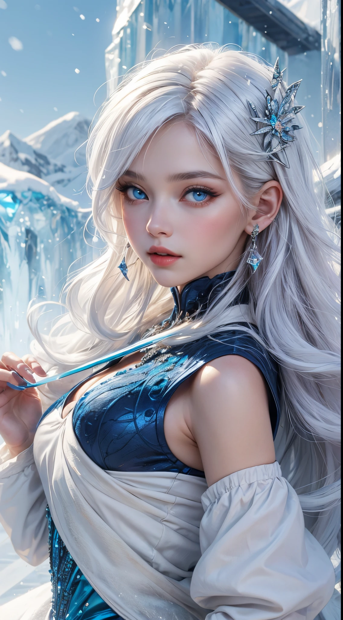 Xianxia, Ultra detailed beautiful woman, voluminous breasts, maid woman, of a 25-year-old woman, Stunningly beautiful, white hair, wavy hairstyle, cold blue eyes, Her entire head is visible with hair, very long eyelashes, cold blue dress, Stunningly beautiful face, Focus on the face, holographic, light particles, ultra detailed illustration, hit definition, Very bold and bright colors, 32K resolution, Best Quality, voluminous lighting, "beste-Qualit", "tmasterpiece",, ultra realistis, High-quality detailing