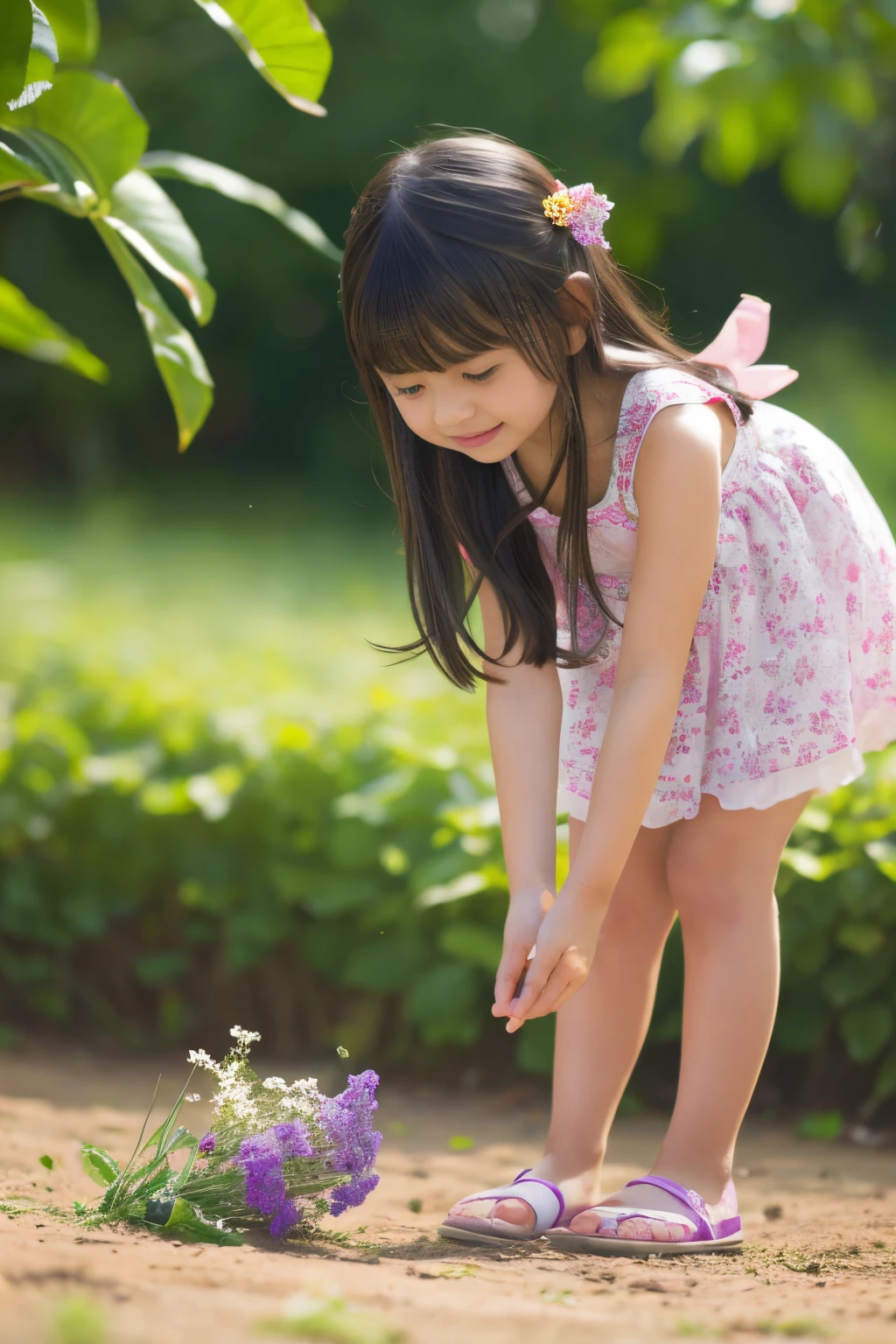 (Best quality,realistically,A high resolution),actual,girl (),Pick flowers from the ground