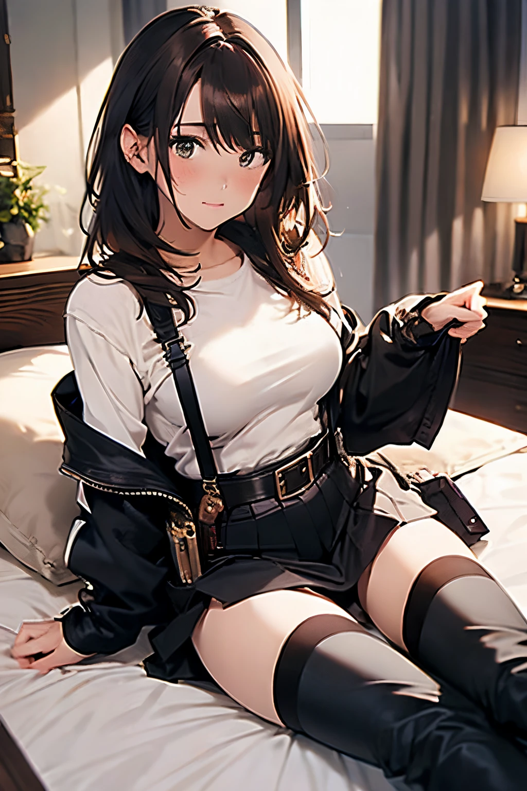 Brown hair、watching at viewers　　　black suspenders　　　Bulging big breasts　　 　 　　　walls: 　Black miniskirt　garters　　　　　　Gaze　　　Small face　bangss 　　　holster　　　Beautuful Women　　hands up　　Leg holster lying on the bed　　Gaze 　black boots panty shot