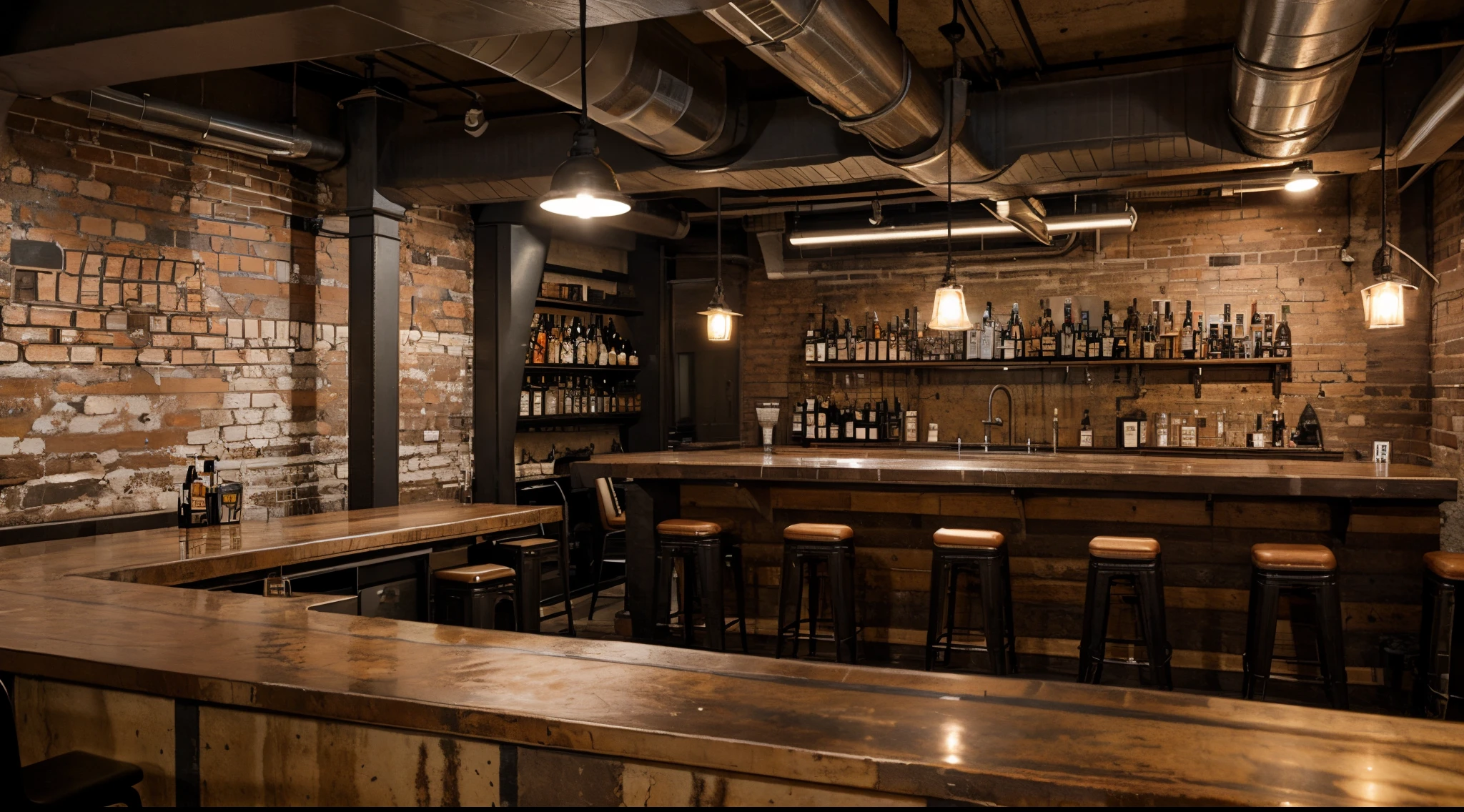A bar with a countertop is divided into two zones in an industrial loft style