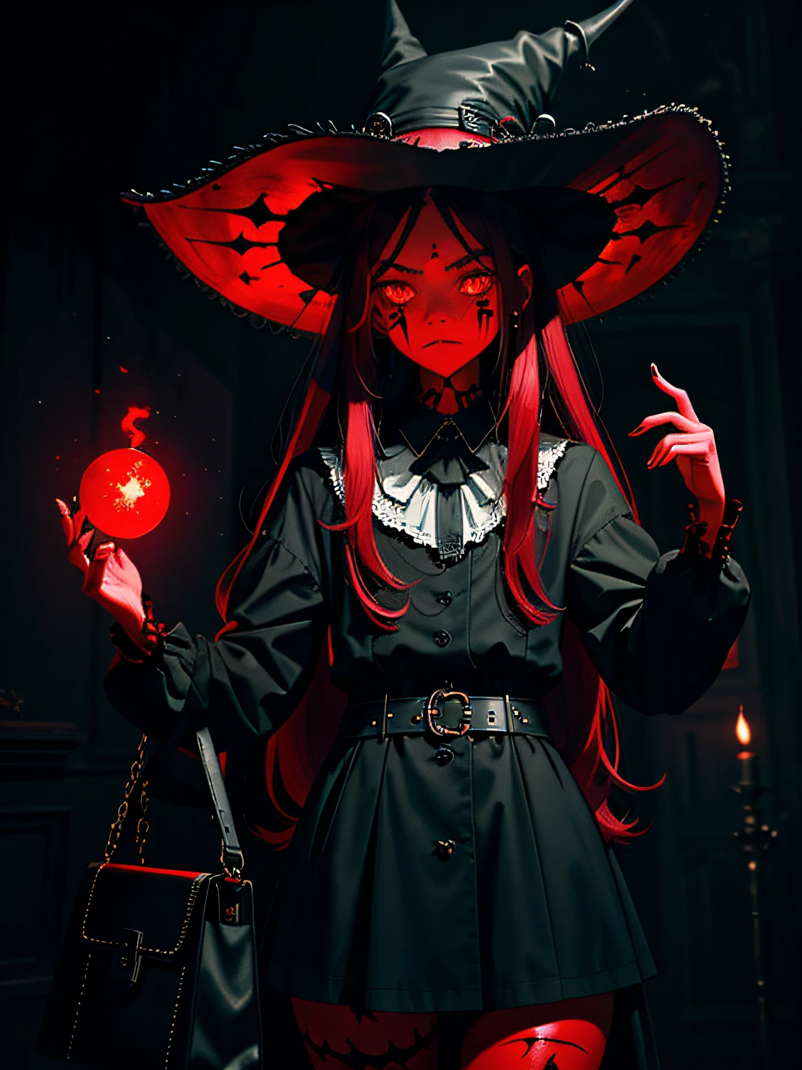 Masterpiece, Dark art, gloomy demon girl, (((red skin))), Long hair, tall victorian hat, belts and bags, (piercing), (Hands raised), long sleeves, ball lightning, electric fog, perfect , (station)