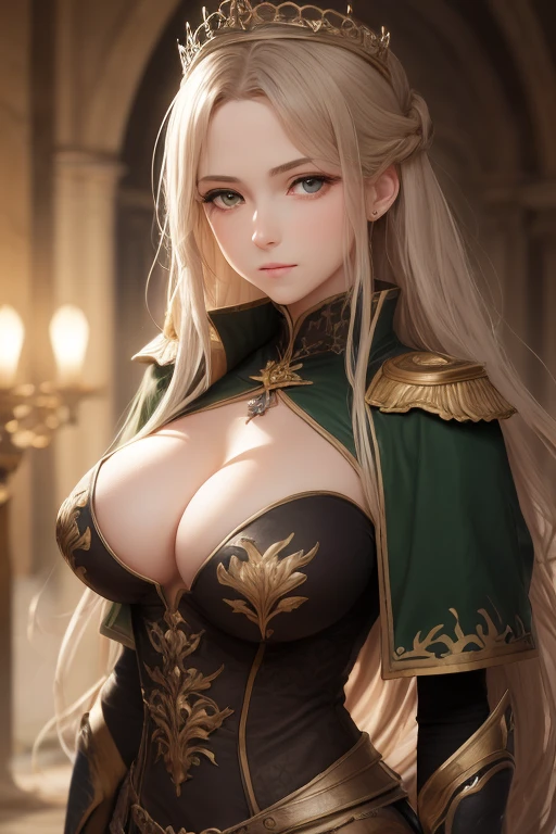 Déesse ailée, Armure d'or, Yeux vert, Peau sombre, Gros Seins, Cheveux rouges, Long cheveux, Seins énormes, Ange en armure, Guerrière, Belle armure dorée, Ailes dans le dos, Ailes rouges, Art épique exquis des personnages, Art de personnage incroyable, Couronne de lumière, Diadème, cheveux extrêmement longs, ultra détaillé