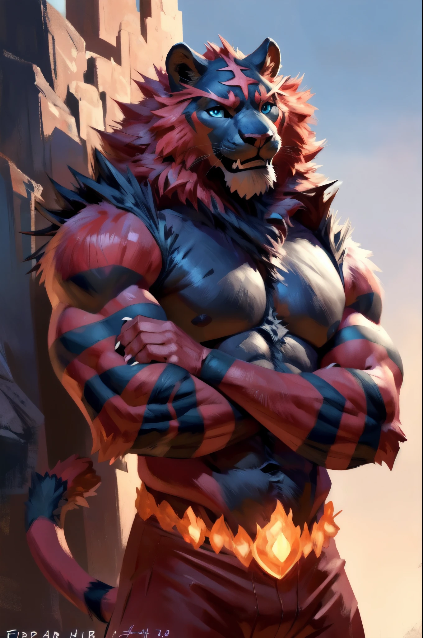 anthro lion head slim. (close-up):2, 4k, high resolution, best quality disney:1.4, digital drawing,  perfect colors, perfect shadows, perfect lighting, posted on e621, furry body, anthro incineroar:1.4, solo, male, , masculine inteligent:1 twenties:1, (slim, fit:0.8), correct anatomy, (black long lion mane):1.8 (cartoon fur, detailed fur, epic, masterpiece:1.2), (background, clear sky), sexy shadowy takemoto arashi, by Taran Fiddler), (detailed blue eyes:1.2)