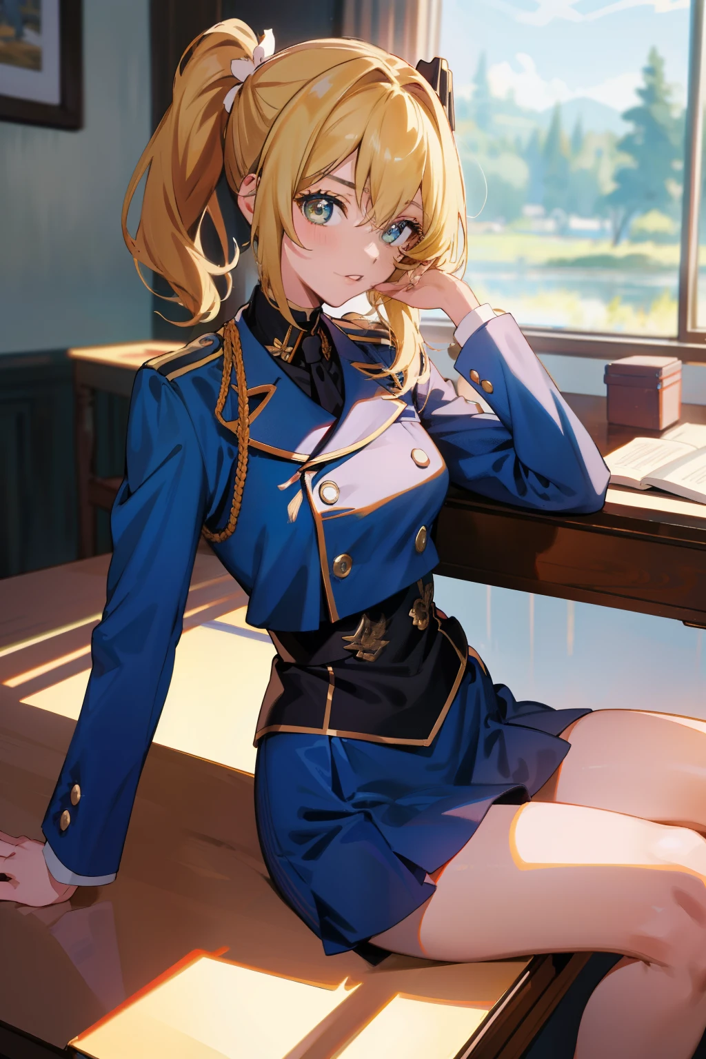 (8K、top-quality、top-quality、masterpiece、ighly detailed: 1.2)、 1 人、The upper part of the body、A woman has an (Margot Robbie) Similar to、Wearing a military uniform、Sitting on a desk、I have my legs crossed like a woman.、blonde hair、a blond、Twin-tailed、Front composition、