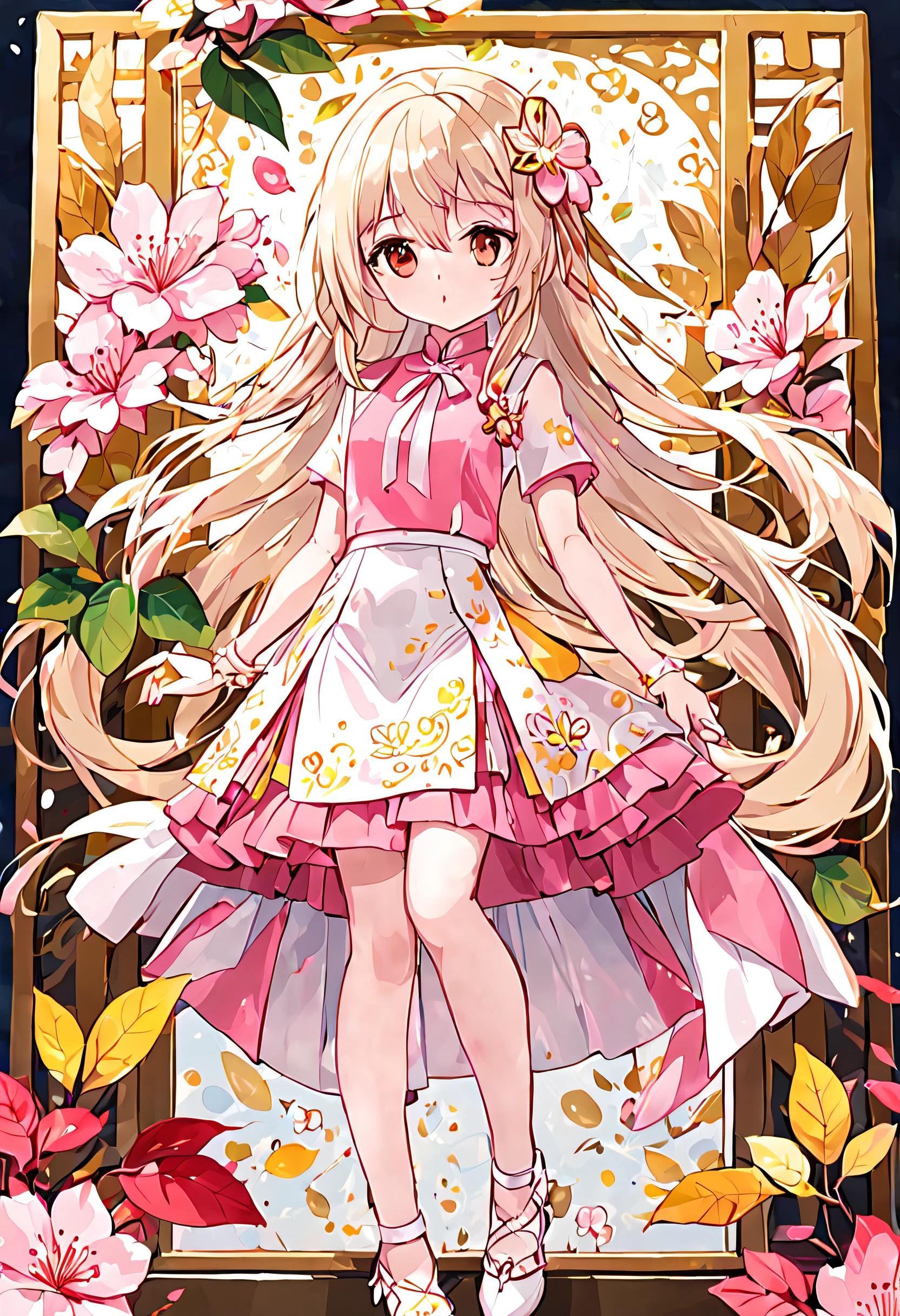 16k，Two-dimensional girl，Long light and flowing hair（1:1.5），Sakura Pink White Eye Leaf Hair Accessory（1:1.25），White light yellow color block skirt cheongsam，（There  a solid pudding-like decoration in the upper left corner of the box），White suspenders（（There are golden moire patterns on the thigh of the right leg）），extreamly cute。