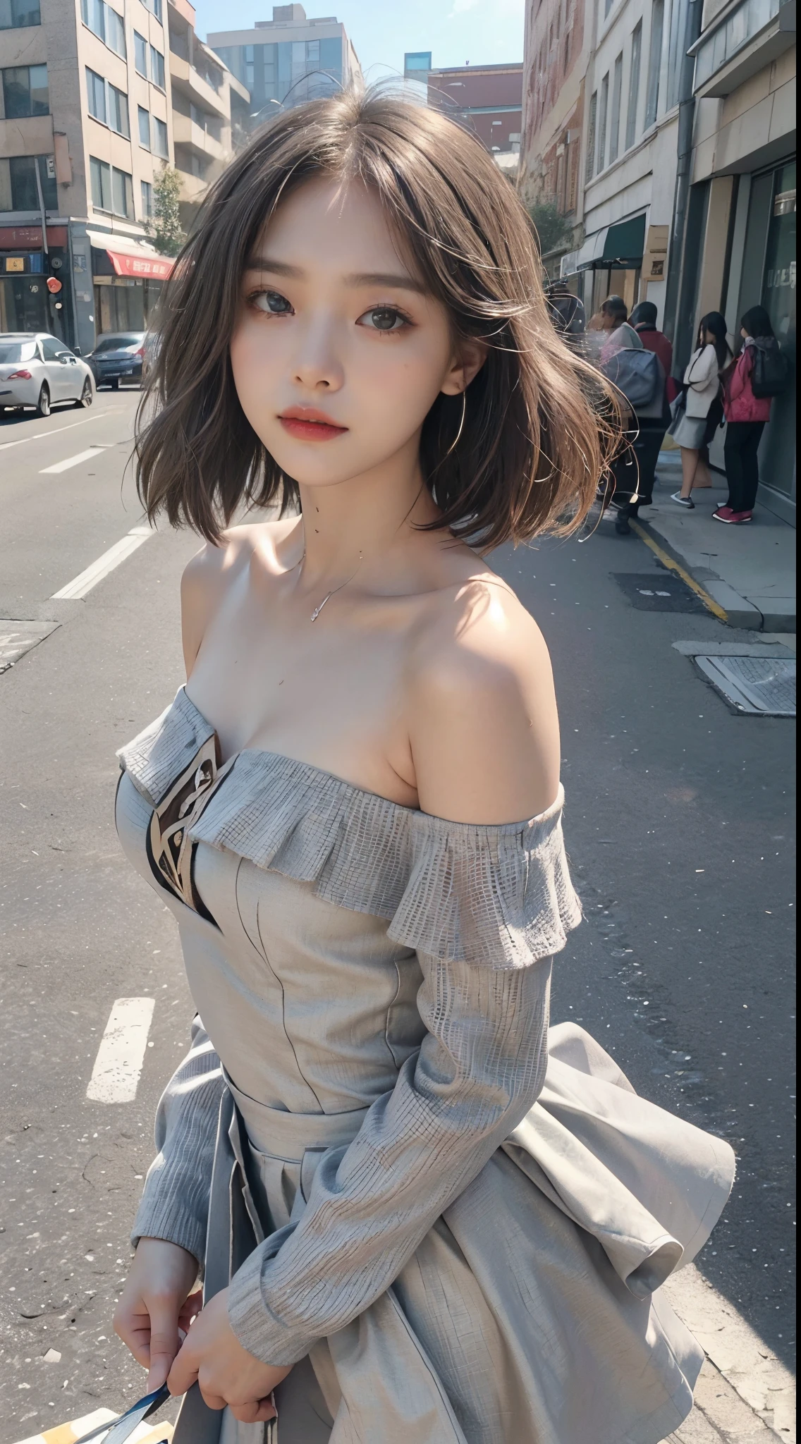 The 8k quality、Top image quality、超A high resolution、masterpiece、Photorealsitic、1 girl in、tense look、Trendy makeup、bob cuts、Trendy Fitted Dresses、ciinematic light、The protagonist、the chaos、Super Slender、D-cups、Do not wear underwear、in a crowd of people、Number of people who are about to be crushed、Dynamism、Magic Hour、Beginning of the story、Magazine covers、Focus only on the main character、The best looks in the world