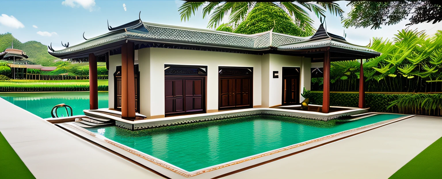 interior,indochine house facade,swimming pool,garden,trees,grass,morning sky, ((best quality)), ((masterpiece)), (detailed),