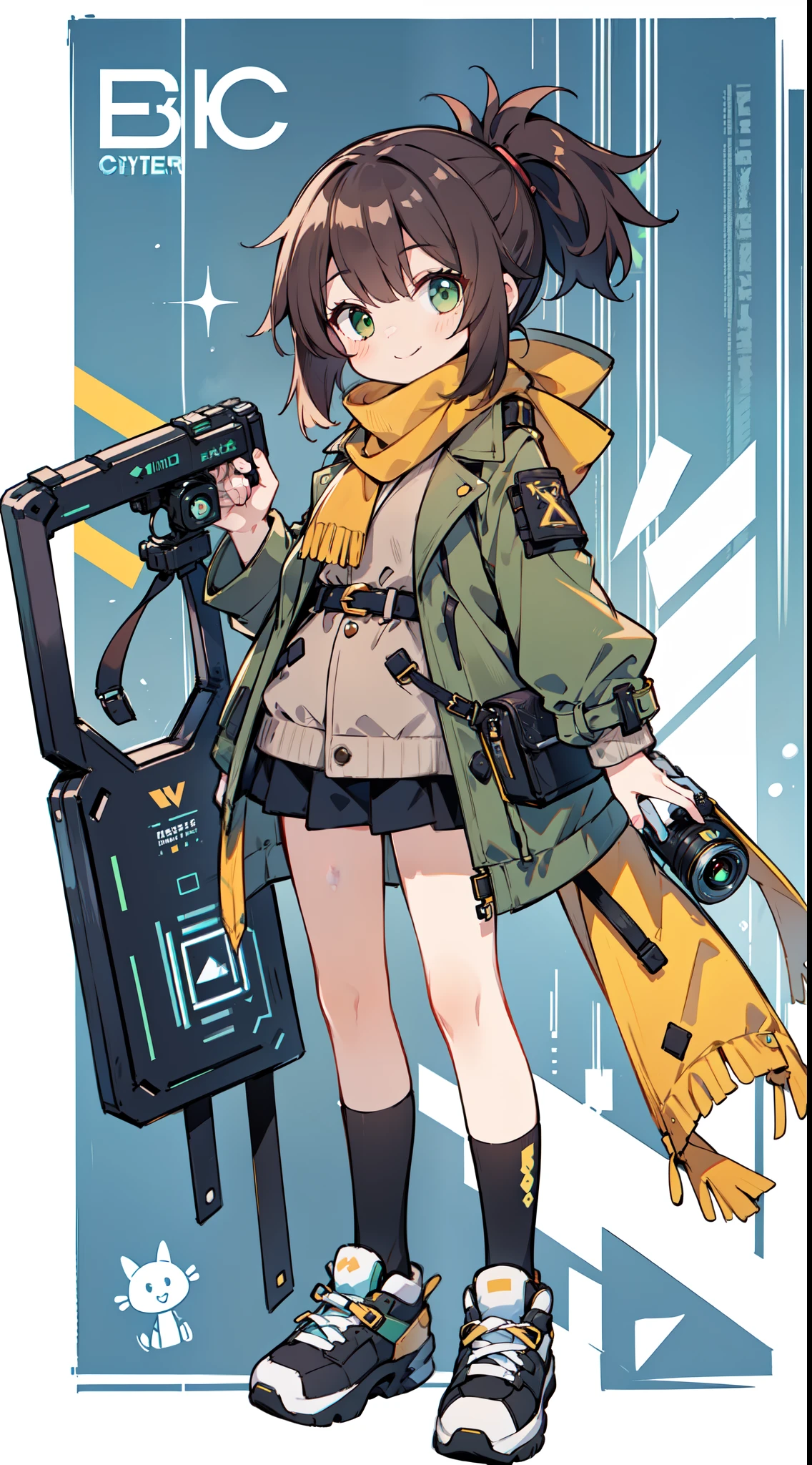 1 girl in、((Whole body ESBIAN、Standing Picture:1.2)), quality、On a table、Brown side ponytail,green-eyed,Yellow scarf,Dark green trench coat,Black stockings,athletic sneakers,this it,camera in hand,cyber punk personage,Slight smile