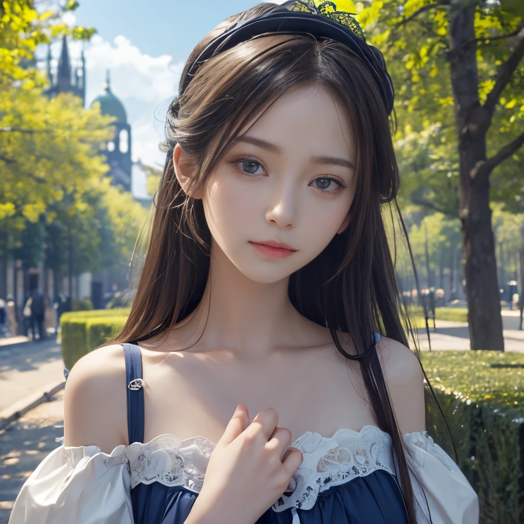 ​masterpiece、Two beautiful girls、A detailed eye、超A high resolution(reality:1.4)very extremely beautiful, Beautiful skins, A slender,skinny  body、being thin、 Forward-facing body, (A hyper-realistic), (hight resolution), (8K), (ighly detailed), (ultra-detailliert), 详细的脸,、gentle face、twinsies、A beautiful square with blue sky、torso、off shoulders、Gothic lolita、