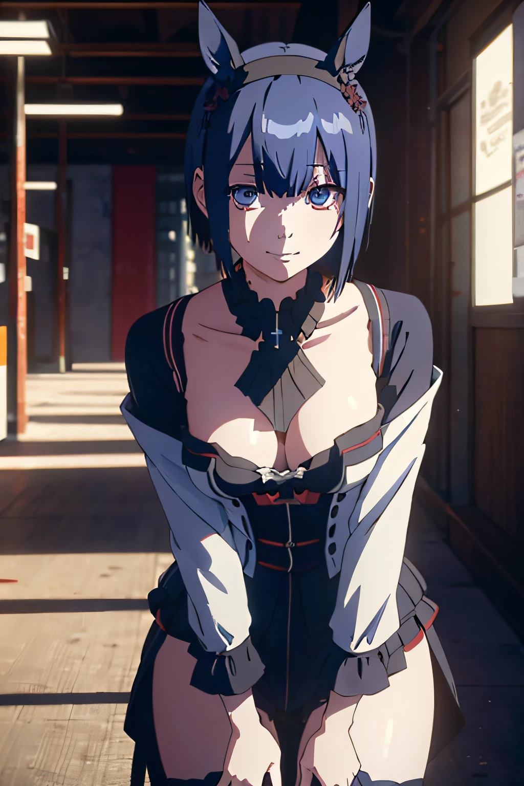 ((Marl、Horse ear headband、fake horse ears)）、（lightly dressed、Valley、full body Esbian、Beautiful legs)、（Tokyo Ghoul、Kirishima Tosho、short-cut、Blue hair color、cyber cityscape）、1girl in、​master piece、japanaese girl、absurderes、hight resolution、ultra-detailliert、depth of fields、​masterpiece、extremely details CG、3D Photography、3D background、Unity、8K、Hi-Res、top-quality、shadowy、foco nítido、pale-skinned、A detailed eye、blurry backround、dynamic ungle、Exaggeration of gloss、best super feat、a closed mouth、Look at viewers、cute smile face、Red cheeks、Portraits of beautiful women drawn by Sui Ishida'painting of a、superclear