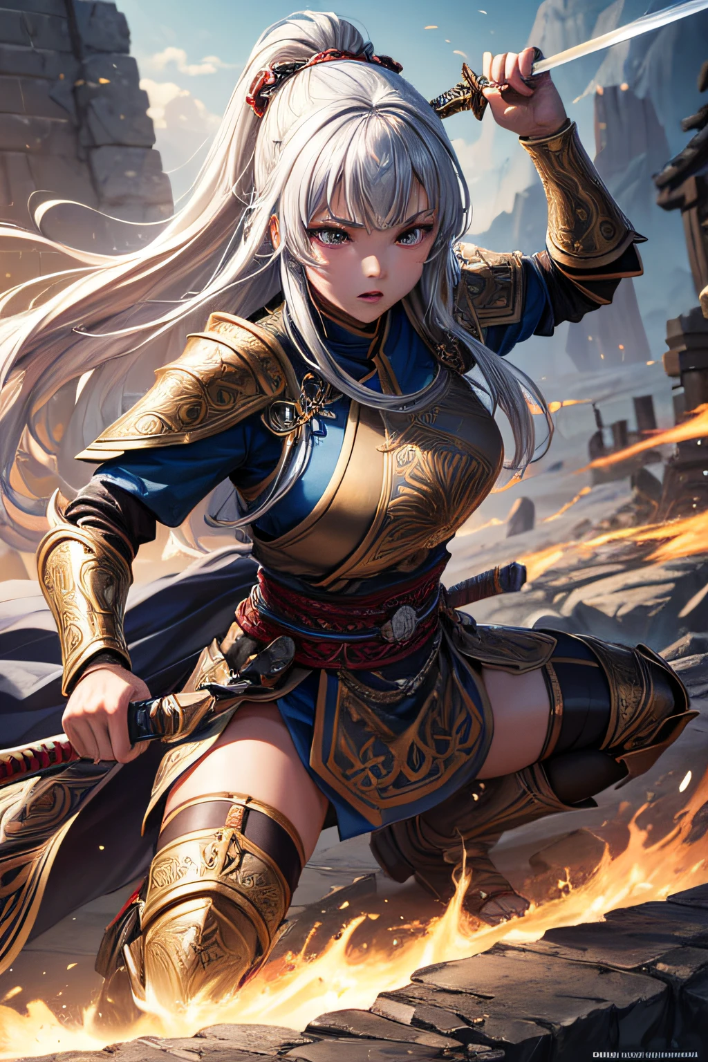young teen girl, ancient mongolian warrior from Gengis Khan era, evil look,,combat stance, wielding a sword, ancient mongolian armor, highly detailed, ancient battlefield in background, vibrant appearance, creative behavior, extremly detailed, imaginative, sensual, spontaneous, highest quality, skin texture, intricate details, (cinematic lighting), RAW photo, 8k, masterpiece,best quality,ultra-detailed,very detailed illustrations,extremely detailed,intricate details,highres,super complex details,extremely detailed 8k cg wallpaper,