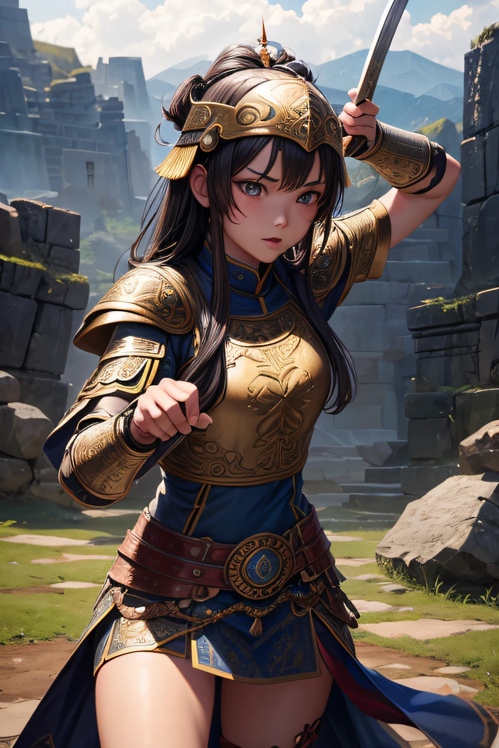 , ancient mongolian warrior from, evil look,,combat stance, wielding a sword, wielding a small round shield, ancient mongolian armor and helmet, highly detailed, ancient battlefield in background, vibrant appearance, creative behavior, extremly detailed, imaginative, sensual, spontaneous, highest quality, skin texture, intricate details, (cinematic lighting), RAW photo, 8k, masterpiece,best quality,ultra-detailed,very detailed illustrations,extremely detailed,intricate details,highres,super complex details,extremely detailed 8k cg wallpaper,