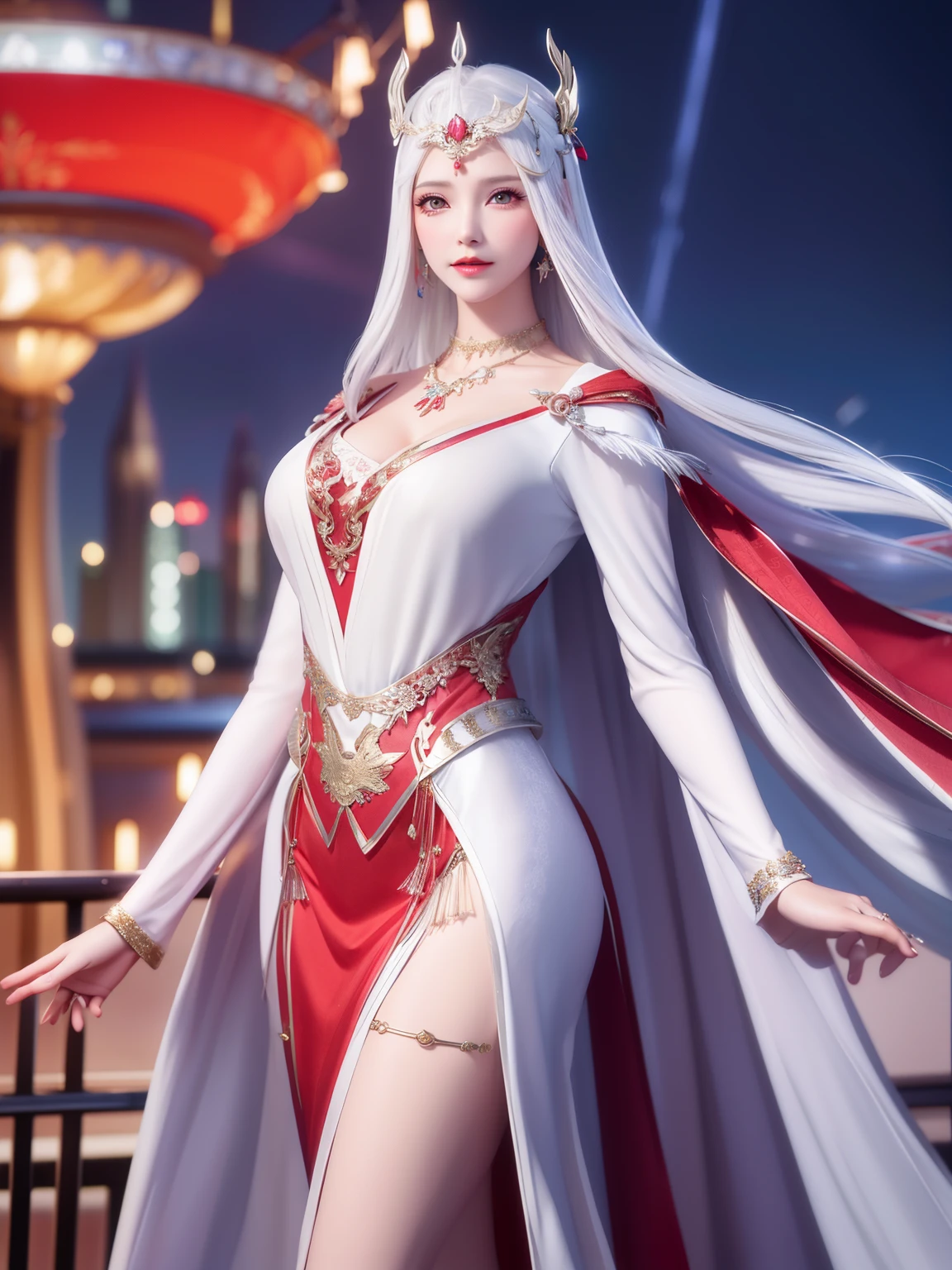 <lora:dldlllBOSAIXI_20230726124640:0.75>,long hair, 1girl, mature female, looking at viewer, cityscape, night, hair ornament, necklace, long dress,jewelry, metal trim,long sleeves, white hair,cowboy shot, multicolored dress, red capelet, gem,crown, blue dress,