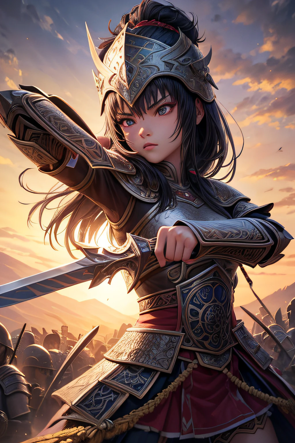 young teen girl, ancient mongolian warrior, evil look,,combat stance, wielding a sword, holding a small round shield, ancient mongolian armor and helmet, highly detailed, ancient battlefield in background, vibrant appearance, creative behavior, extremly detailed, imaginative, sensual, spontaneous, highest quality, skin texture, intricate details, (cinematic lighting), RAW photo, 8k, masterpiece,best quality,ultra-detailed,very detailed illustrations,extremely detailed,intricate details,highres,super complex details,extremely detailed 8k cg wallpaper,