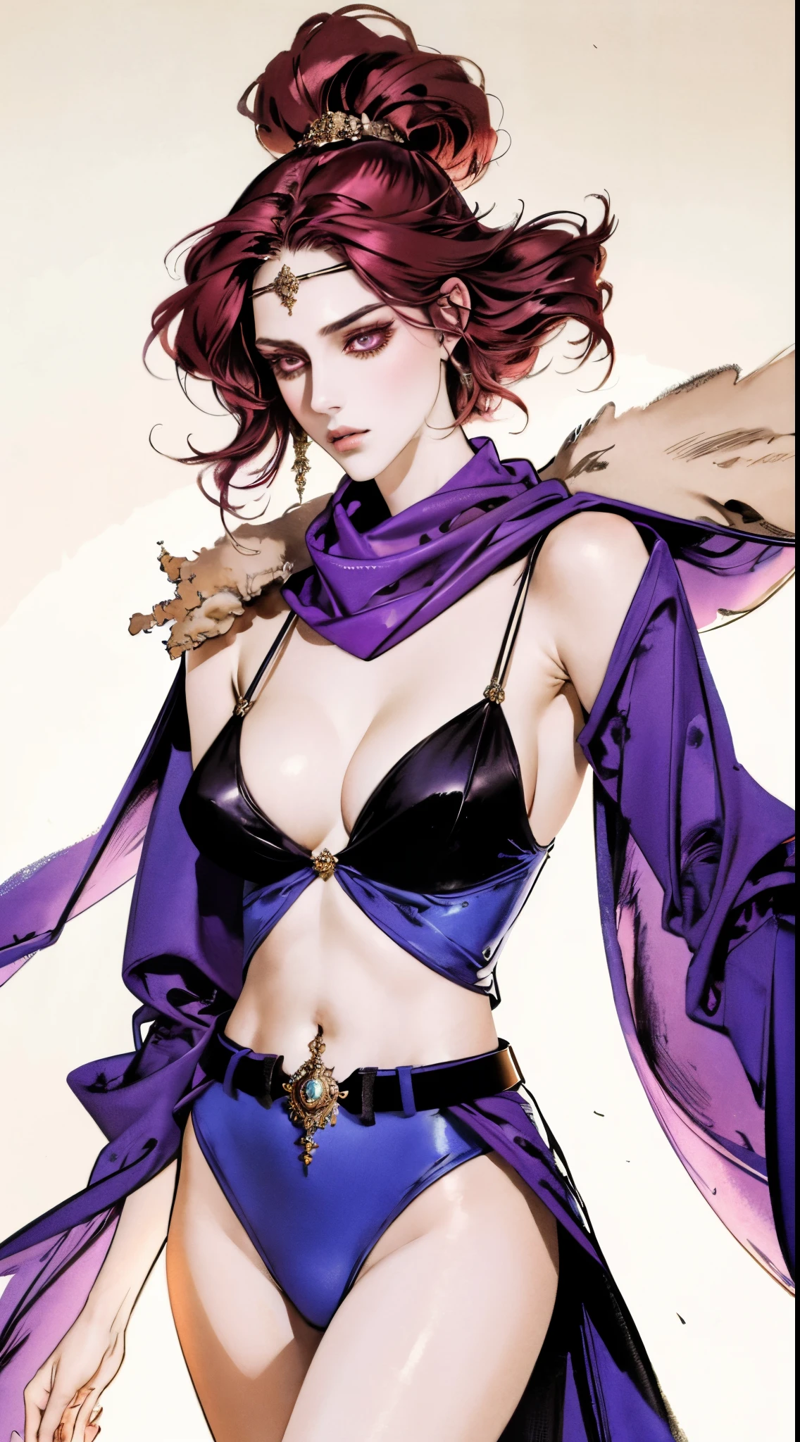 A beautiful woman, short purple hair, long bangs covering her left eye, a headband on her forehead, an exquisite and charming face, a mysterious gaze, a faint smile, draped over her shoulders a thick fur scarf connected to sleeves made of the same fur, a fantasy-style bikini outfit, showcases her delicate and alluring figure, a fur belt around her waist, the background features a cracked giant stone in the wilderness emitting an eerie glow, this character embodies a finely crafted fantasy-style female villain in anime style, exquisite and mature manga art style, perfect body, perfect nose, goddess, femminine, high definition, best quality, highres, ultra-detailed, ultra-fine painting, extremely delicate, professional, anatomically correct, symmetrical face, extremely detailed eyes and face, high quality eyes, creativity, RAW photo, UHD, 8k, Natural light, cinematic lighting, masterpiece-anatomy-perfect, masterpiece:1.5