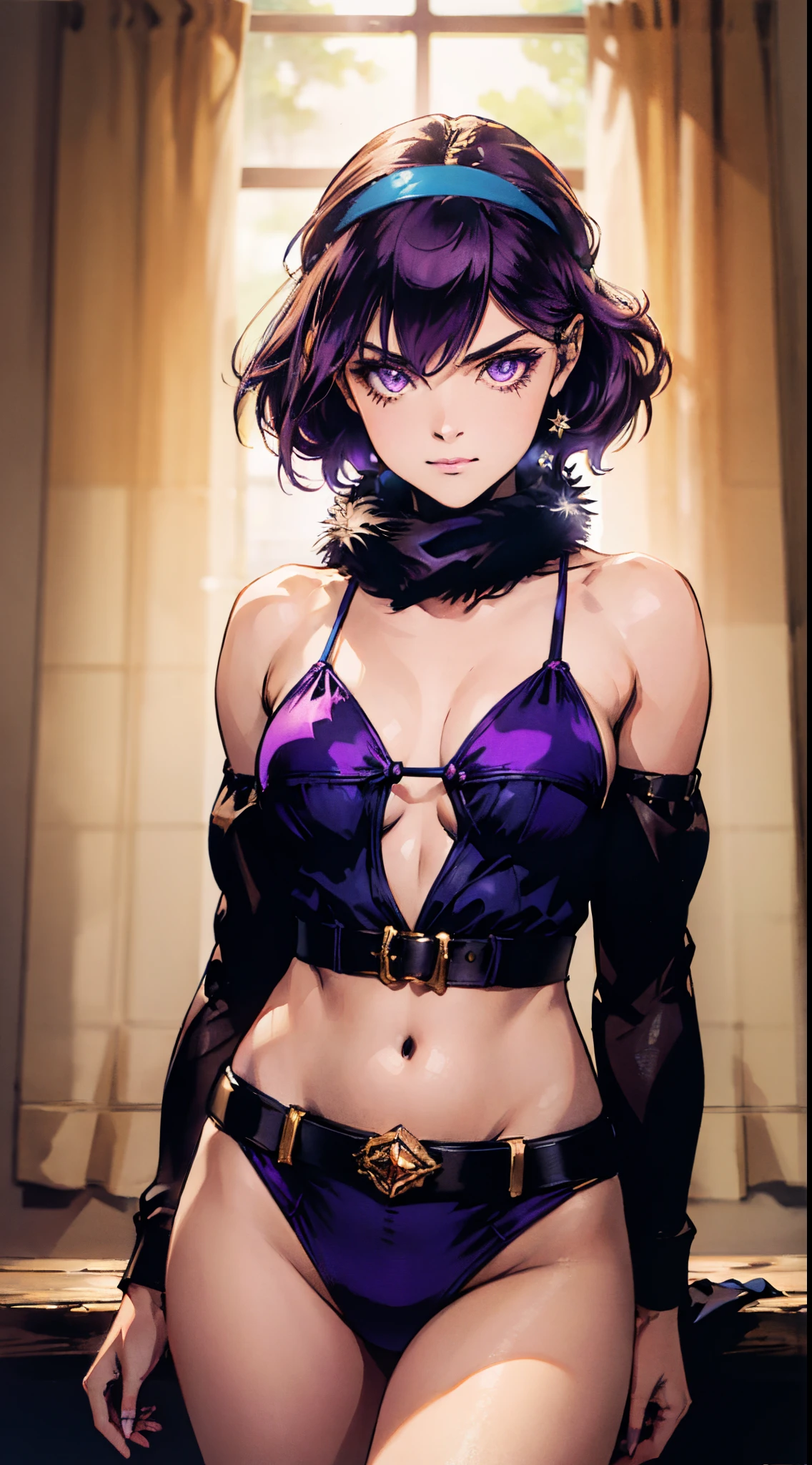 A beautiful woman, short purple hair, long bangs covering her left eye, a headband on her forehead, an exquisite and charming face, a mysterious gaze, a faint smile, draped over her shoulders a thick fur scarf connected to sleeves made of the same fur, a fantasy-style  outfit, showcases her delicate and alluring figure, a fur belt around her waist, the background features a cracked giant stone in the wilderness emitting an eerie glow, this character embodies a finely crafted fantasy-style female villain in anime style, exquisite and mature manga art style, perfect body, perfect nose, goddess, femminine, high definition, best quality, highres, ultra-detailed, ultra-fine painting, extremely delicate, professional, anatomically correct, symmetrical face, extremely detailed eyes and face, high quality eyes, creativity, RAW photo, UHD, 8k, Natural light, cinematic lighting, masterpiece-anatomy-perfect, masterpiece:1.5