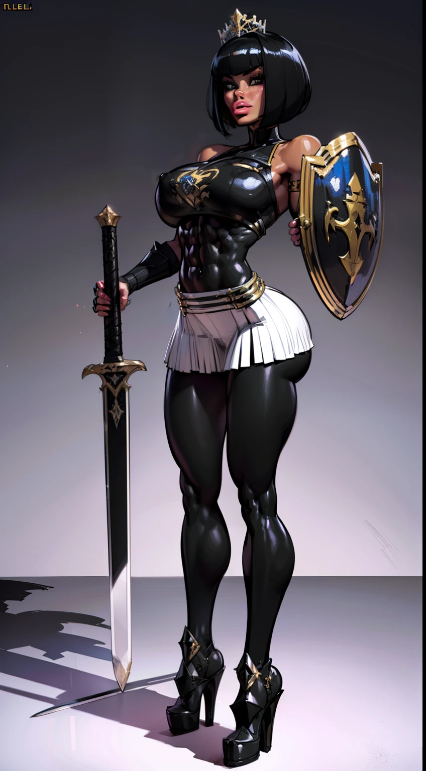 woman, bobcut, blondehair, ((black skin:1.4)), adorned in medieval armor, twerking, metal muscles, emanating a medieval elegance and marvel, armor pump boots, chrome reflective bra, chrome silver tiara, small armband, (shoulder armor), gauntlets, armored skirt, sword, shield, exposed midriff, (puffy lips:1.3), detailed eyes, ((slendered abs )),((huge breastull bodied), wide hips, (puffy lips:1.5), slender abs,rim lighting, side light, cinematic light, ultra high definition, 8k, film grain,best shadow, light particles, detailed skin texture, detailed gem armor texture, detailed face, intricate details, super detailed, bright, spiked heel boots