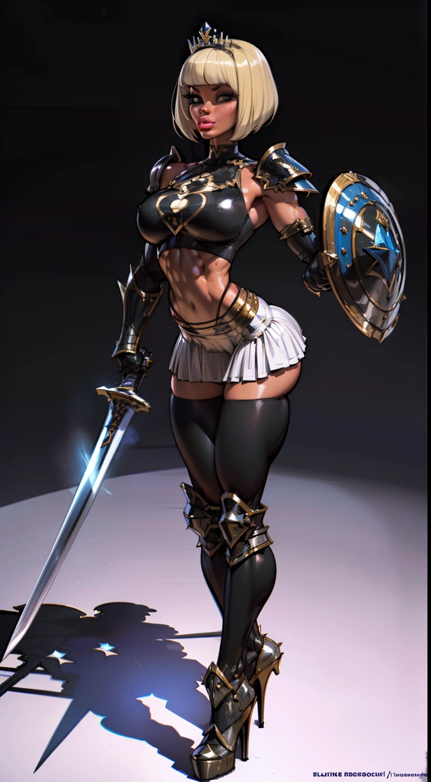 woman, bobcut, blondehair, ((black skin:1.4)), adorned in medieval armor, twerking, metal muscles, emanating a medieval elegance and marvel, armor pump boots, chrome reflective bra, chrome silver tiara, small armband, (shoulder armor), gauntlets, armored skirt, sword, shield, exposed midriff, (puffy lips:1.3), detailed eyes, ((slendered abs )),((huge breastull bodied), wide hips, (puffy lips:1.5), slender abs,rim lighting, side light, cinematic light, ultra high definition, 8k, film grain,best shadow, light particles, detailed skin texture, detailed gem armor texture, detailed face, intricate details, super detailed, bright, spiked heel boots