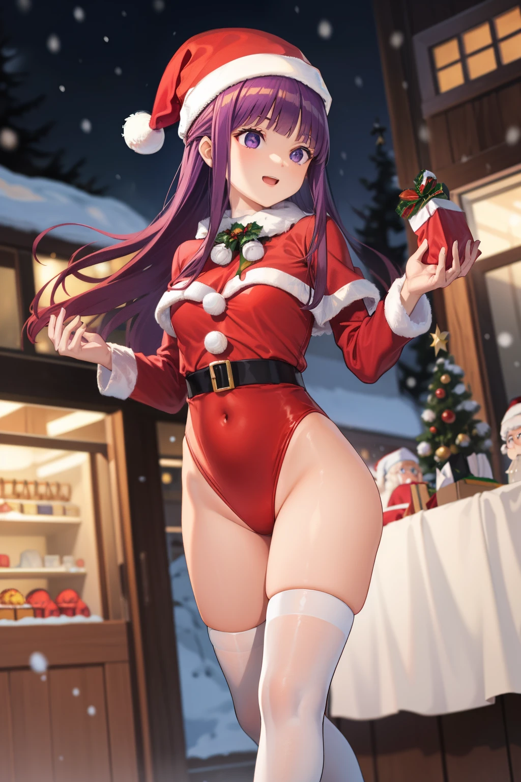 top-quality、Full limbs、complete fingers、Slender beauty、(Detailed ultra-oily shiny skin:1.1)、oily shiny thighhigh、(Perfect bright red Santa Claus leotard:1.3)、((White High Socks))、Wearing a Santa Claus hat、((Wearing a Santa Manto))、Beautiful、A smile、Winter cityscape、shopping street、It's snowing、white Christmas、Christmas cakes are sold in stores, long straight purple hair, purple eyes