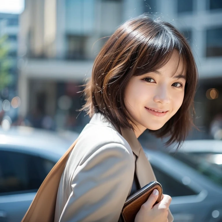Photos that accurately depict every single hair.「A beautiful woman of half Japanese and French descent」Drawing。She is holding a square block of stainless steel heavily.。Her gentle smile is human々make you feel fun。Her hair is a slightly curly bob cut with a chestnut color.、wearing a sophisticated cyber suit。Behind her is a halo that spreads over the radiation.。The background is a sophisticated city of the near future.。Since the focus is on her, the background is blurred.。