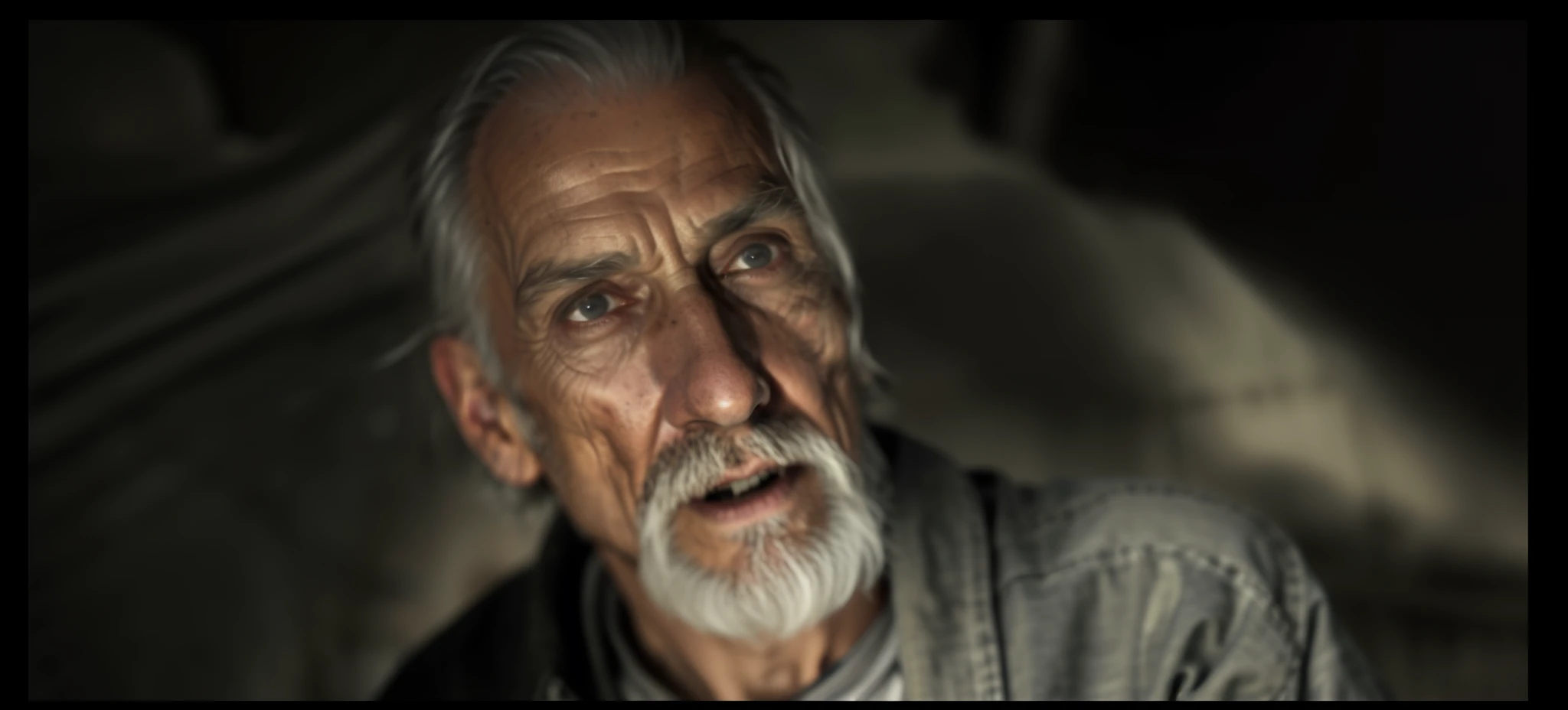 (a close up of a man with a emaciated face and scared face,diablo 2,old man,old man in medieval tattered old clothes, old man in rags),detailed facial features,wrinkles around the eyes and mouth,white hair,weathered skin,expression of fear,ruined surroundings,dark and eerie atmosphere,(best quality,4k,8k,highres,masterpiece:1.2),ultra-detailed,realistic:1.37,portraits,desaturated color palette,dramatic lighting