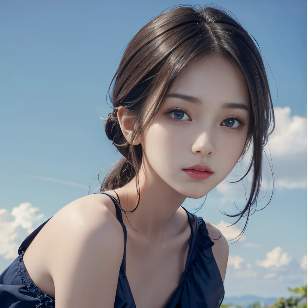 ​masterpiece、Two beautiful girls、A detailed eye、超A high resolution(reality:1.4)very extremely beautiful, Beautiful skins, A slender,skinny  body、being thin、 Forward-facing body, (A hyper-realistic), (hight resolution), (8K), (ighly detailed), (ultra-detailliert), 详细的脸,、gentle face、twinsies、A beautiful square with blue sky、torso、off shoulders、Punk Girl