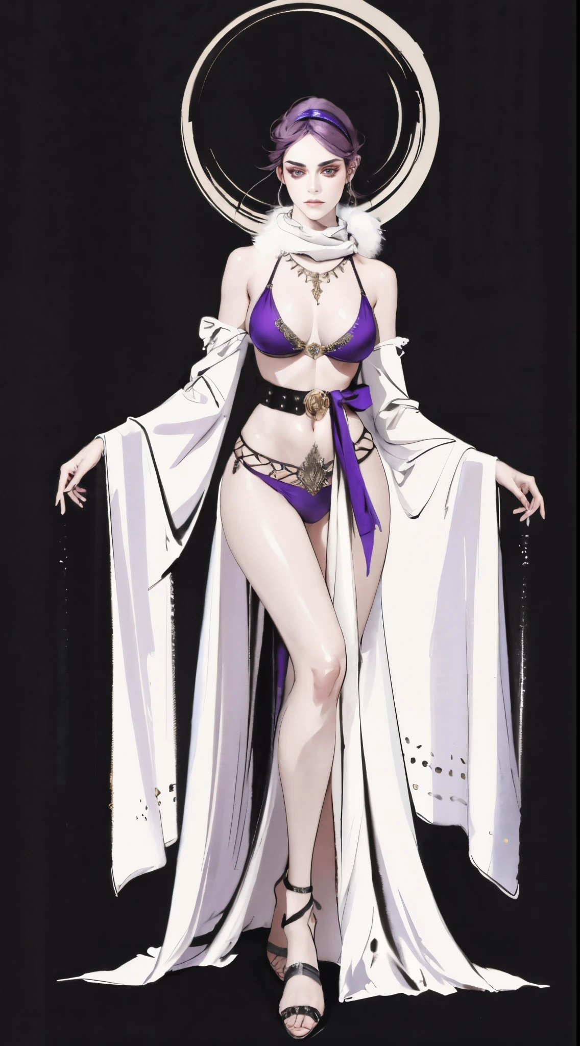 A beautiful woman, short purple hair, long bangs covering her left eye, a headband on her forehead, an exquisite and charming face, a mysterious gaze, a faint smile, draped over her shoulders a thick fur scarf connected to sleeves made of the same fur, a fantasy-style bikini outfit, showcases her delicate and alluring figure, a fur belt around her waist, the background features a cracked giant stone in the wilderness emitting an eerie glow, this character embodies a finely crafted fantasy-style female villain in anime style, exquisite and mature manga art style, perfect body, perfect nose, goddess, femminine, high definition, best quality, highres, ultra-detailed, ultra-fine painting, extremely delicate, professional, anatomically correct, symmetrical face, extremely detailed eyes and face, high quality eyes, creativity, RAW photo, UHD, 8k, Natural light, cinematic lighting, masterpiece-anatomy-perfect, masterpiece:1.5