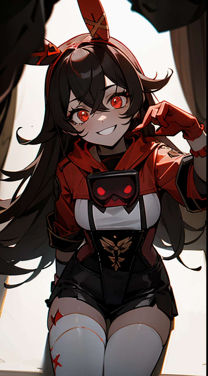 Amber possessed by villain, glowing red eyes, horror dark setting , sitting on the floor with glowing ritual markings, menacing smile, looking at hand, ager, in a dark cave