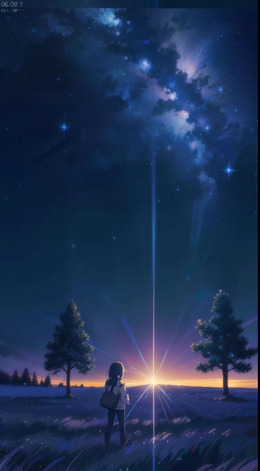 starry night sky with a couple of trees and a field, endless cosmos in the background, cosmic skies. by makoto shinkai, starry sky 8 k, calm night. digital illustration, anime background art, 4k anime wallpaper, beautiful anime scene, starry sky, moonlit starry sky environment, anime art wallpaper 8 k, anime art wallpaper 4k