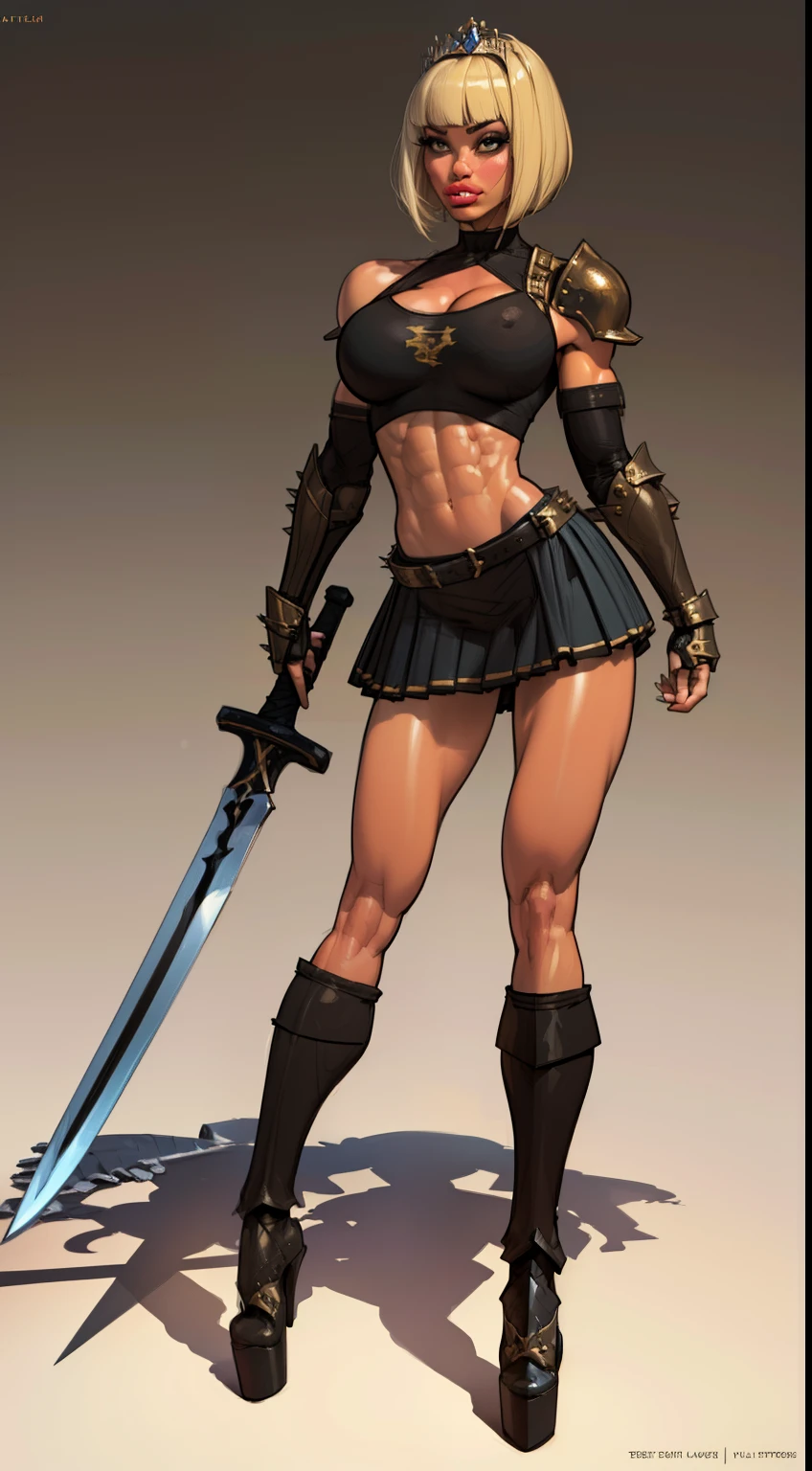 woman, bobcut, blondehair, ((black skin:1.4)), adorned in medieval armor, twerking, metal muscles, emanating a medieval elegance and marvel, armor pump boots, chrome reflective bra, chrome silver tiara, small armband, (shoulder armor), gauntlets, armored skirt, sword, shield, exposed midriff, (puffy lips:1.3), detailed eyes, ((slendered abs )),((huge breastull bodied), wide hips, (puffy lips:1.5), slender abs,rim lighting, side light, cinematic light, ultra high definition, 8k, film grain,best shadow, light particles, detailed skin texture, detailed gem armor texture, detailed face, intricate details, super detailed, bright, spiked heel boots