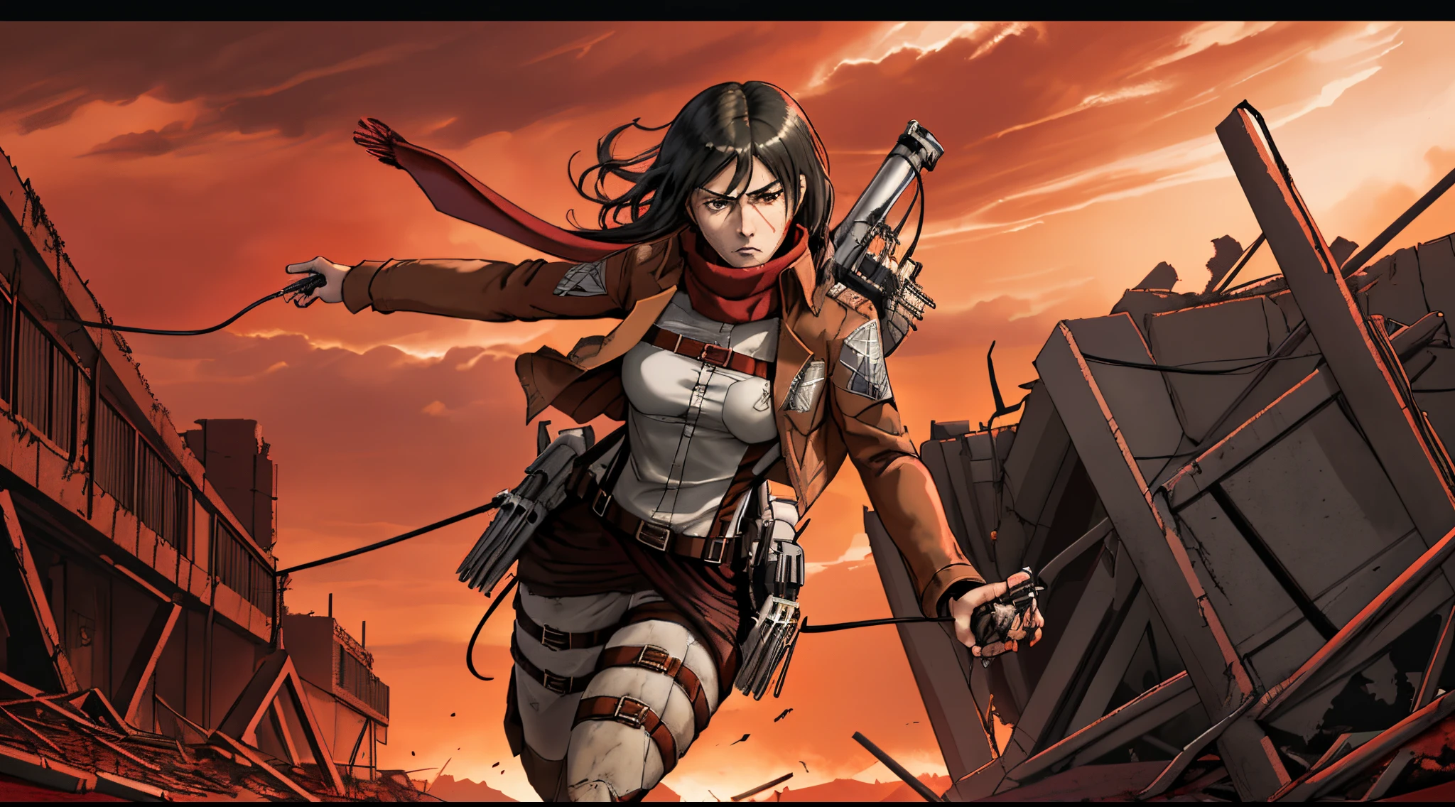 mikasa_ackerman, scarf, jacket, thigh strap, paradis military uniform, belt, emblem, three-dimensional maneuver gear, red scarf, boots, dual wielding, training corps (emblem), a Mortal Kombat warrior, unmasked, on a desolate, post-apocalyptic battleground, debris and ruins scattered around, portraying a solemn yet resolute expression, under a blood-red sky with stormy weather, Photography, high-resolution DSLR with a 50mm prime lens capturing stark realism, --ar 16:9 --v 5