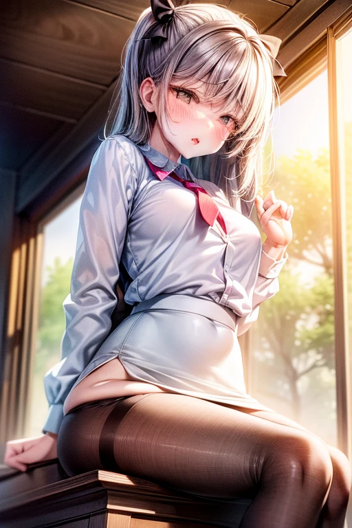 1girl, Table hump, rubbing the perineum, white shirt, pencil skirt, office, white panty, skirt lift, strap, a table, high ground, multiple boys,Liquid, Thought-provoking,, Masterpiece, Best Quality, Highly detailed, (From Bottom:1.1)