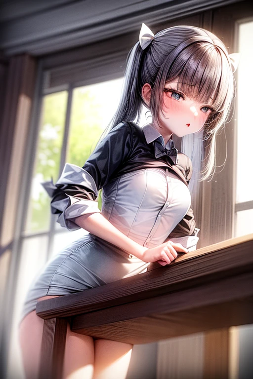 1girl, Table hump, rubbing the perineum, white  shirt, pencil skirt, office, white panty, skirt lift, strap, a table, high ground, multiple boys,Liquid, Thought-provoking,, Masterpiece, Best Quality, Highly detailed, (From Bottom:1.1)