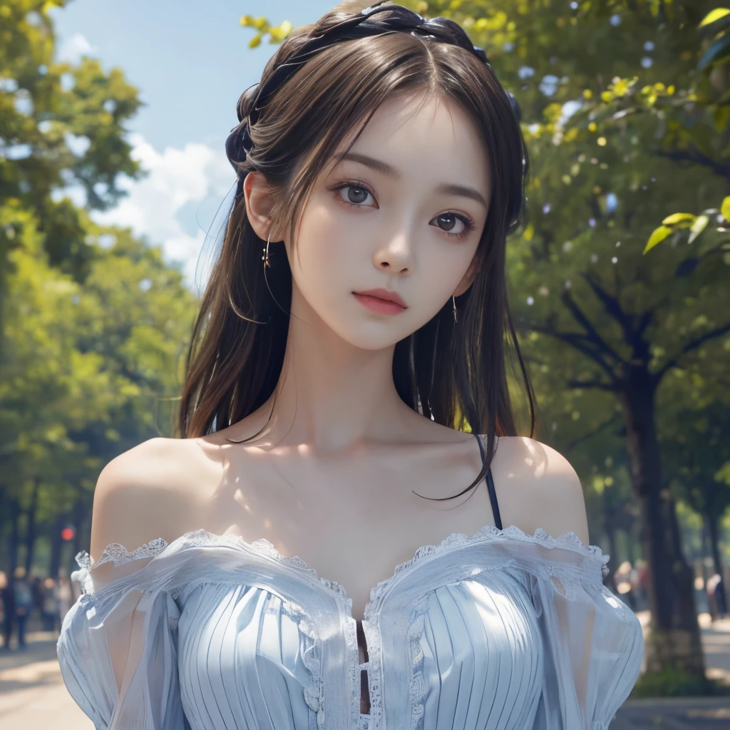 masterpiece、Two beautiful girls、A detailed eye、超A high resolution(reality:1.4)very extremely beautiful, Beautiful skins, A slender,skinny body、being thin、 Forward-facing body, (A hyper-realistic), (hight resolution), (8K), (ighly detailed), (ultra-detailliert), 详细的脸,、gentle face、twinsies、A beautiful square with blue sky、torso、off shoulders、Gothic ta、Facing to the side