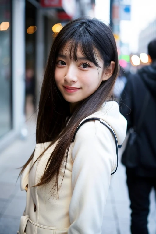 Photos that accurately depict every single hair.「A beautiful woman of half Japanese and French descent who is carrying a huge rectangular block of stainless steel.」Drawing。Her melancholy smile gives a sense of sanity.。her hair is short black cut、Wearing a futuristic cyber suit。The stainless steel block is shiny、The background is a sophisticated city of the near future.。Since the focus is on her, the background is blurred.。