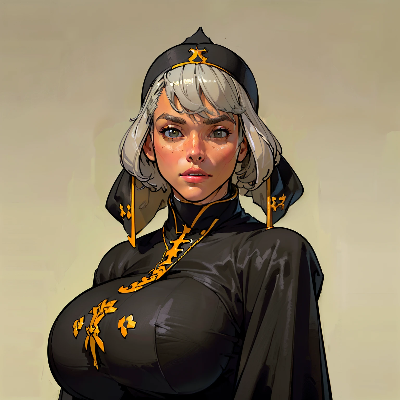 (a handsome female:1.7), (Masterpiece:1.8), ((Thepit Style:1.4)), ((Short hair:1.5), (gray hair:1.5), muscled body, Feminine, Huge upper body, wide shoulders, (Huge-breasts:1.6), veins, ((beatiful face:1.8)), full lips, slim face, high cheekbones, muscular, in the art style of mohrbacher, In the style of Peter Morbacher, ((cassock:1.5))