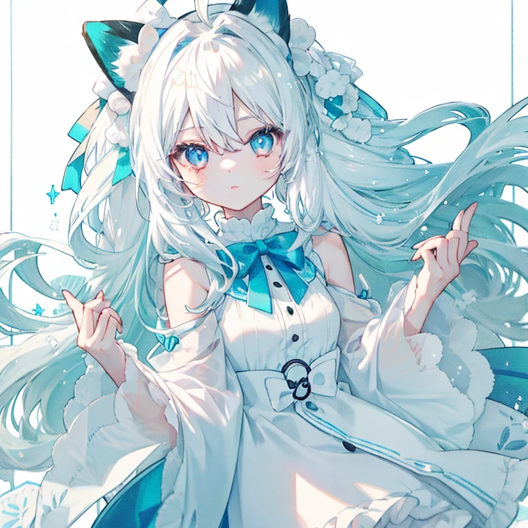 girl with,white hair,Blue eyes,Long hair,Cat's ears,Ahoge,Cute,Anime Drawing