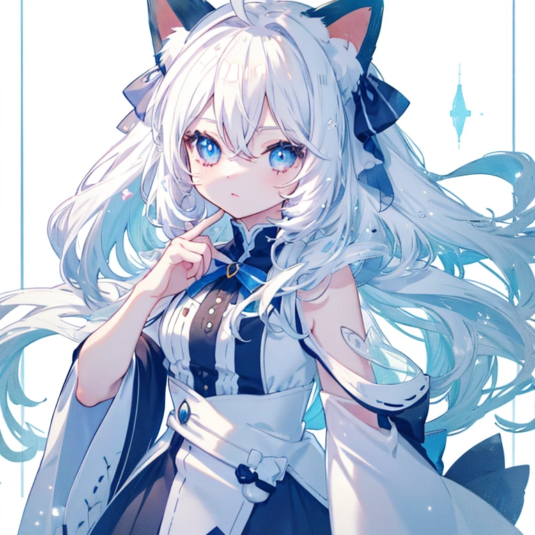 girl with,white hair,Blue eyes,Long hair,Cat's ears,Ahoge,Cute,Anime Drawing