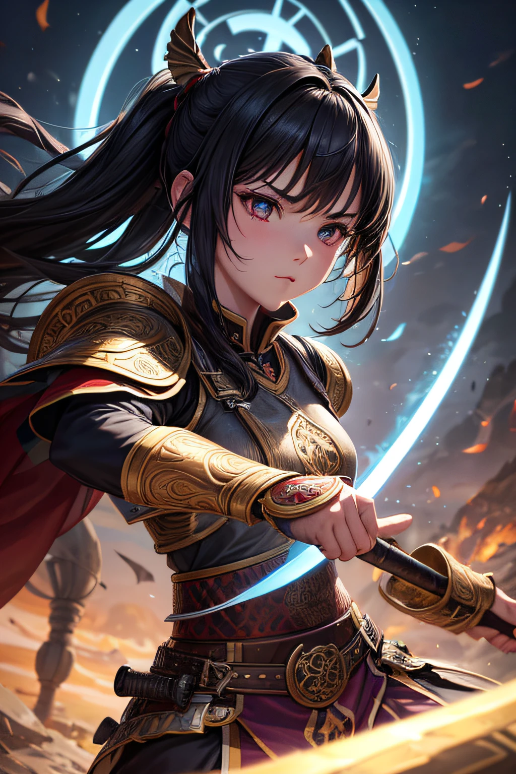 young teen girl, ancient mongolian warrior from Gengis Khan era, evil look,,combat stance, wielding a sword, ancient mongolian armor, highly detailed, ancient battlefield in background, vibrant appearance, creative behavior, extremly detailed, imaginative, sensual, spontaneous, highest quality, skin texture, intricate details, (cinematic lighting), RAW photo, 8k, masterpiece,best quality,ultra-detailed,very detailed illustrations,extremely detailed,intricate details,highres,super complex details,extremely detailed 8k cg wallpaper,