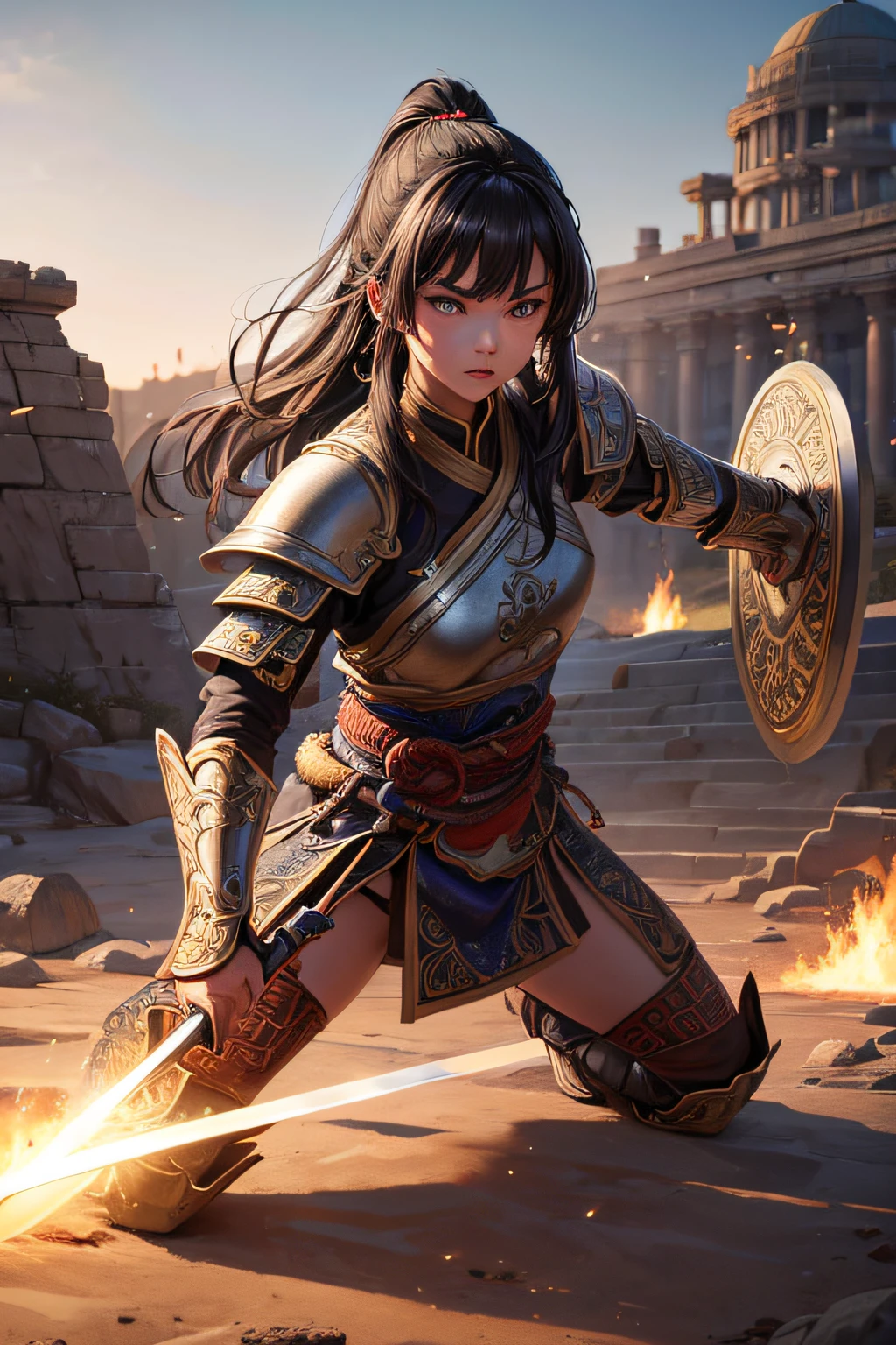 , ancient mongolian warrior, evil look,,combat stance, wielding a sword, holding a small round shield, ancient mongolian armor, highly detailed, ancient battlefield in background, vibrant appearance, creative behavior, extremly detailed, imaginative, sensual, spontaneous, highest quality, skin texture, intricate details, (cinematic lighting), RAW photo, 8k, masterpiece,best quality,ultra-detailed,very detailed illustrations,extremely detailed,intricate details,highres,super complex details,extremely detailed 8k cg wallpaper,