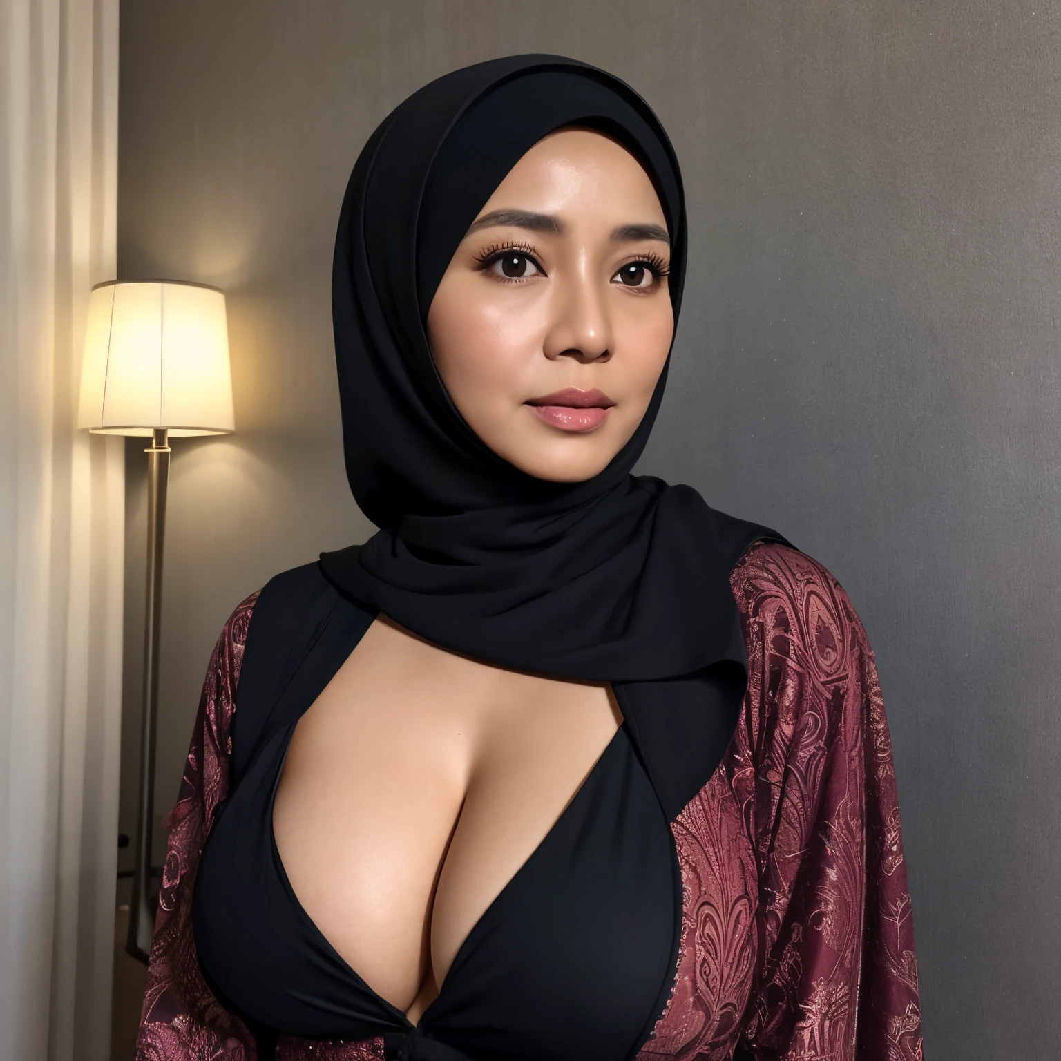 50 years Old, Hijab Indonesian mature woman, Big Tits : 66.9, Gamis, Breast out from her clothes : 1.9, at doctor office, Dark light, at Nighttime