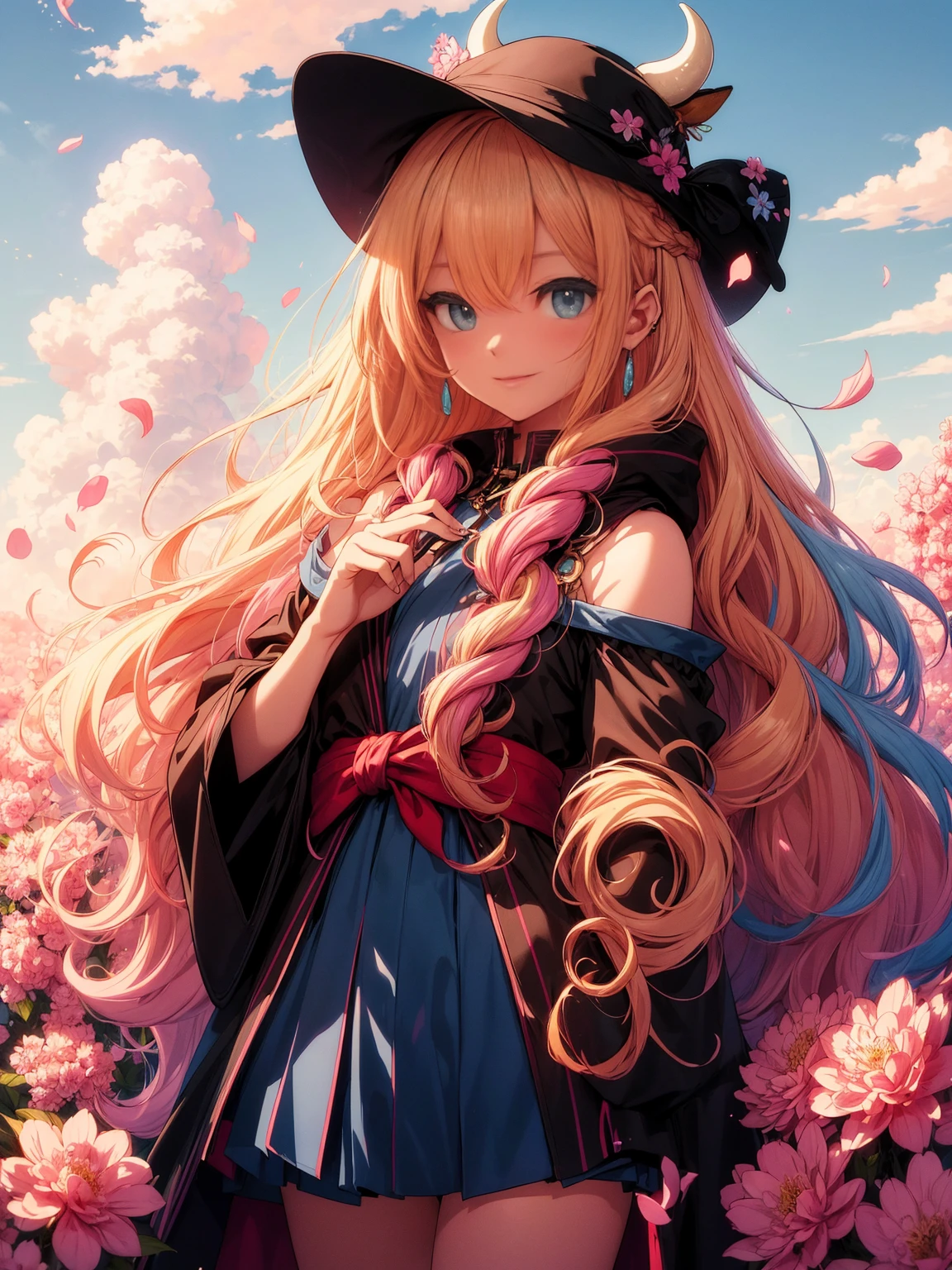 1 girl, (Iridescent hair, Hair color, Half blue, half pink hair: 1.2), 17 years younger, blue_sky sky, Holding a magic wand, 夏天 (seasons), petals_Shown in_liquids, Black cloak with hood, Red and black ripped dress, a skirt: 1.2, (Long curly blonde hair: 1.5), sky sky, External, clouds, through bangs, ssmile, skyblue eyes, bshoulders, Perfect hands, Hand detail, fixed fingers. ear nipple ring, The large + Background with, lookingat_Shown in_peeking at the viewer, cow boy shooting, quality, Rich details, perfect image quality, Get out