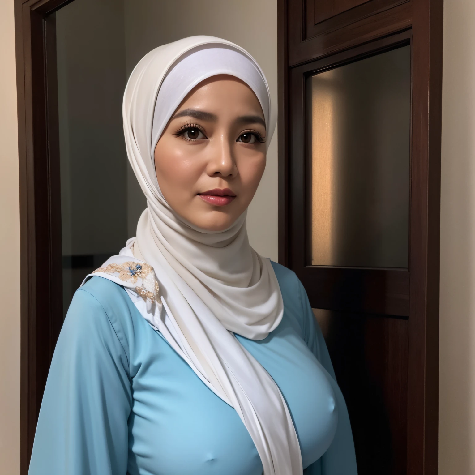 50 years Old, Hijab Indonesian mature woman, Big Tits : 66.9, Gamis, Breast out from her clothes : 1.9, at doctor office, Dark light, at Nighttime