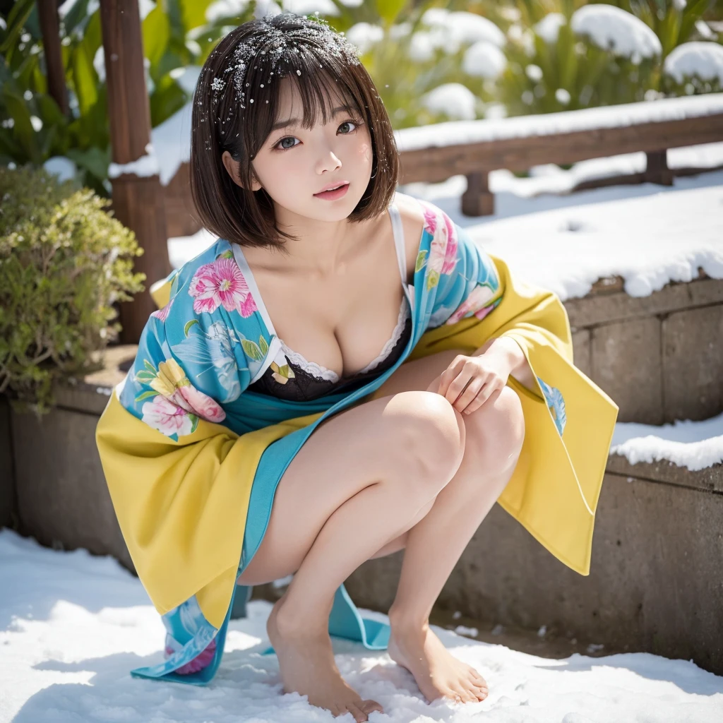 (Colorful kimono)、(top-quality,masterpiece:1.3,超A high resolution),(ultra-detailliert,Caustics),(Photorealsitic:1.4,RAW shooting,)Ultra-realistic capture,A highly detailed,high-definition16Kfor human skin、 Natural Skin Texture、、The skin looks healthy with an even tone、 Use natural light and color,One Woman,japanes,kawaii,a blond,bob cuts、Close your eyes, open your mouth wide and yawn、no-bra、Big big,(depth of fields、chromatic abberation、Wide range of lighting、Natural Shading)、(Snow reflects light:1.1)、Cleavage can be seen through the exposed kimono、Crotch visible through exposed kimono、Kneel, spread your legs and look up、 Background with: snow field、perfect anatomy body proportions、M-shaped legs open with crotch open:2.8、Small micro panties、panty shot from below、Facing forward、 M-shaped legs:2.8、wide open the crotch、Bend your knees、(Legs wide open)、Open your thighs and lift your butt to the limit、Yellow water drips from the genitals