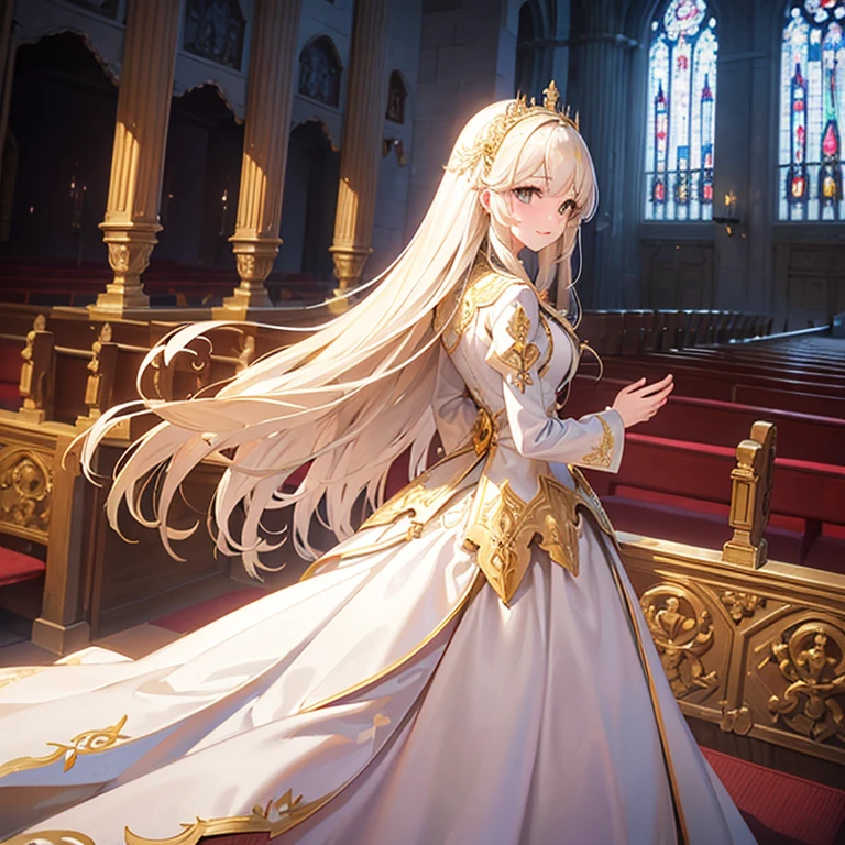 In front of the altar of a majestic church、golden long hair girl、Classic White Wedding Dresses、Long sleeve、long cuffs with many buttons、golden embroidery、Long Train、White gloves on both hands、5 fingers on both hands、A smile