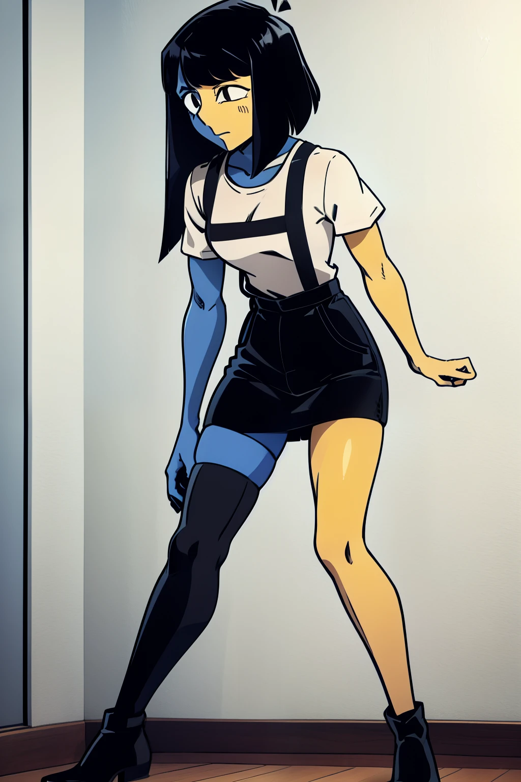 ENA (Joel G), split color body (blue on right, yellow on left), white t-shirt, black skirt with overall straps, 1girl, black eyes, black socks (thigh-high on right, ankle on left), black shoes, grain effect on hair, perfect anatomy, solo, better hands, cheddar cheems style
