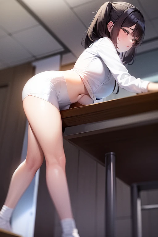 1girl, Table hump, rubbing the perineum, white  shirt, pencil skirt, office, white panty, skirt lift, strap, a table, high ground, multiple boys,Liquid, Thought-provoking,, Masterpiece, Best Quality, Highly detailed, (From Bottom:1.1)