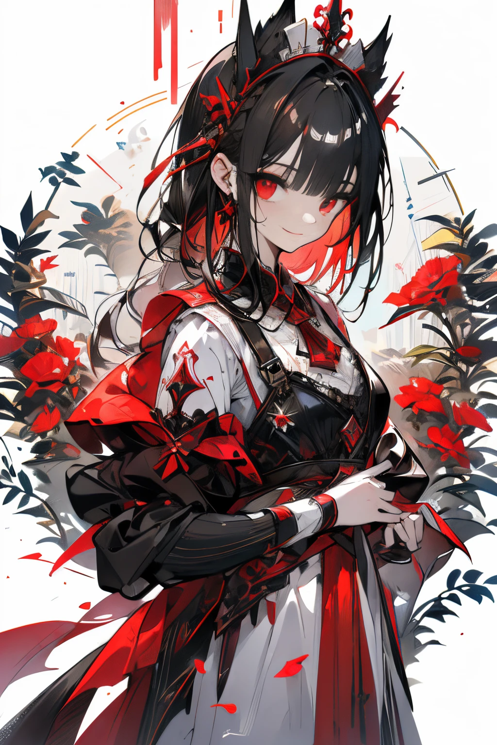(White background:1.4),(Nature Illustration Spring:1. Art Book:1.3, quilt art:1.2),( Reasonable design, Clear lines, High Sharpness,Best Quality, Very detailed, masutepiece, Movie Light Effects, 4K )、(maid clothes:1.2)、maid dress、(Illustration cool:1.5)、(watercolor paiting:1.2)、(1girl in:1.0)、White background、girl with、full body Esbian、Black and red motifs、 Fantasy, Detailed picture、Cool smile、Cool Beauty、Red eyes、Killer、assassin maid、holding knive、Head dress、Standing Picture、Cool appearance、Assassin