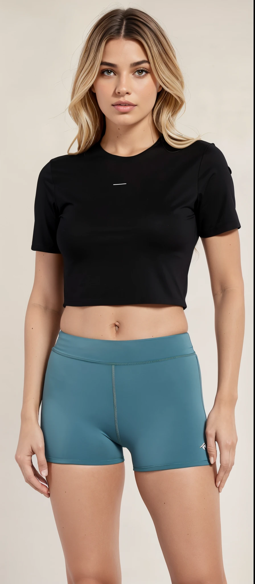 uma mulher de top preto e shorts legging azuis posando para uma foto, Topo de colheita, topo de corte, usando um top cropped, usando um top cropped sexy, tampo preto, physical : Tiny diaphragm of all time, usando um top cropped, com corte rasgado t - camisa, usando topo de corte, t-topo, diafragma, usando uma regata preta cropped