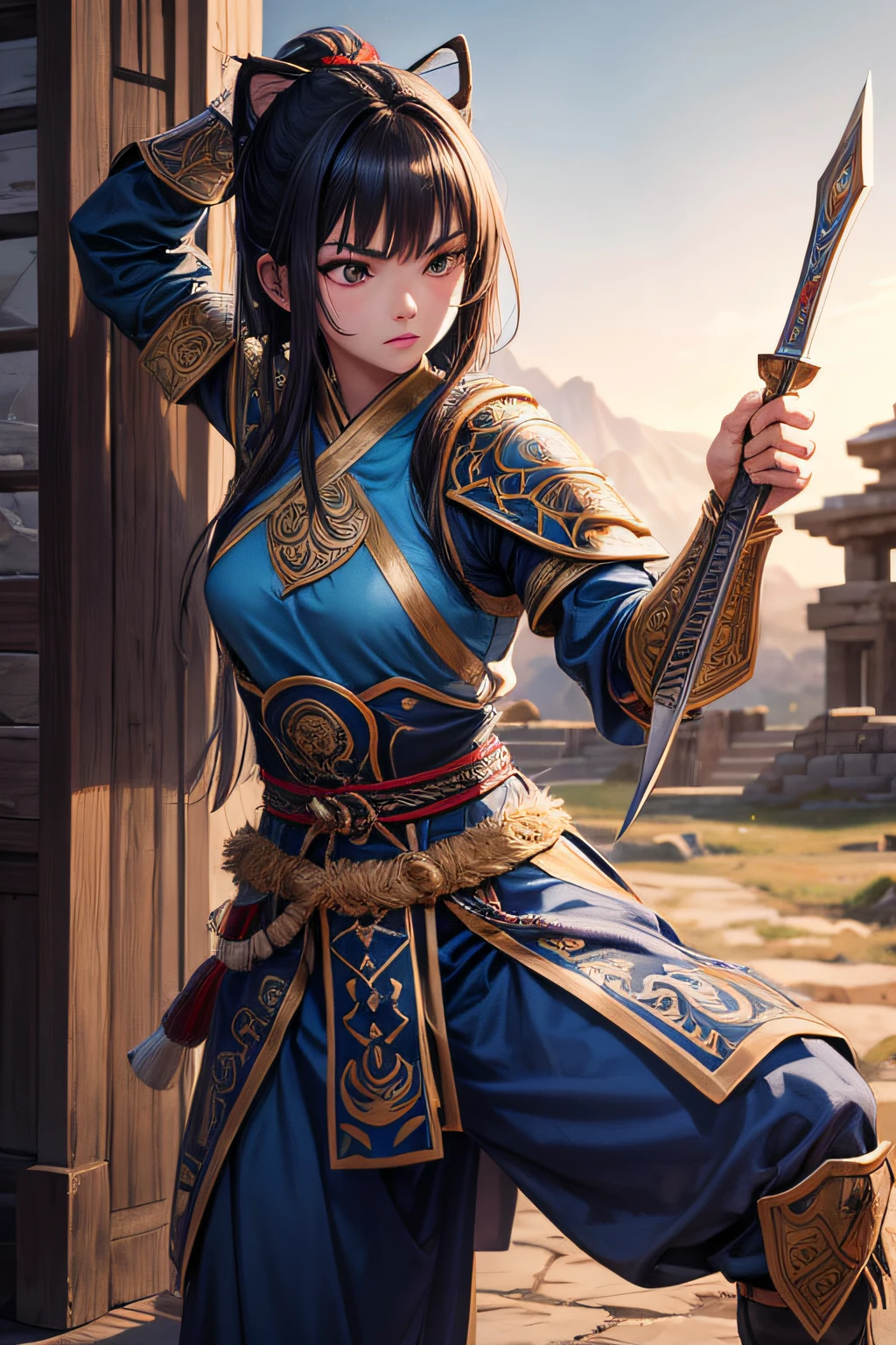 , ancient mongolian warrior, evil look,,combat stance, wielding a sword, holding a small round shield, ancient mongolian armor, highly detailed, ancient battlefield in background, vibrant appearance, creative behavior, extremly detailed, imaginative, sensual, spontaneous, highest quality, skin texture, intricate details, (cinematic lighting), RAW photo, 8k, masterpiece,best quality,ultra-detailed,very detailed illustrations,extremely detailed,intricate details,highres,super complex details,extremely detailed 8k cg wallpaper,